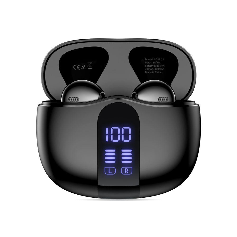 Custodia di ricarica nera con auricolari, mostra 100% di batteria. Indicatori L & R.
