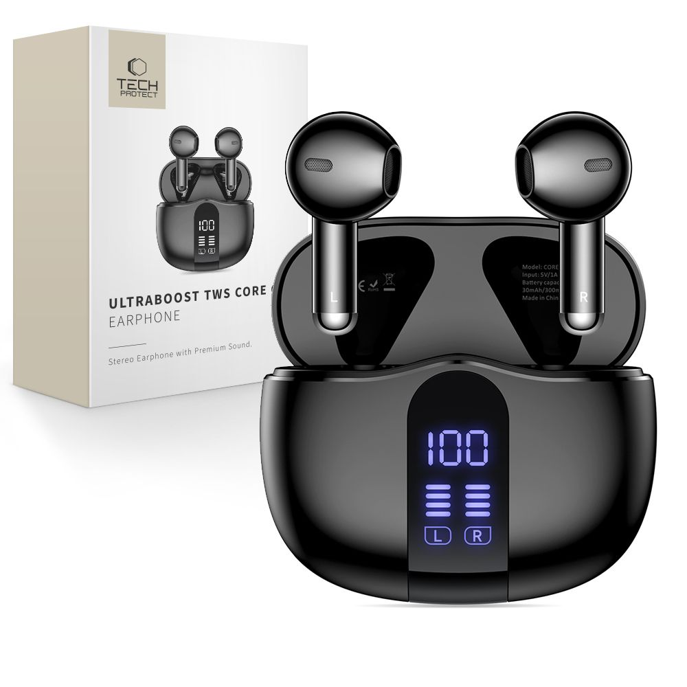 Auricolari TWS Tech Protect neri con custodia di ricarica. La custodia mostra 100% di batteria.