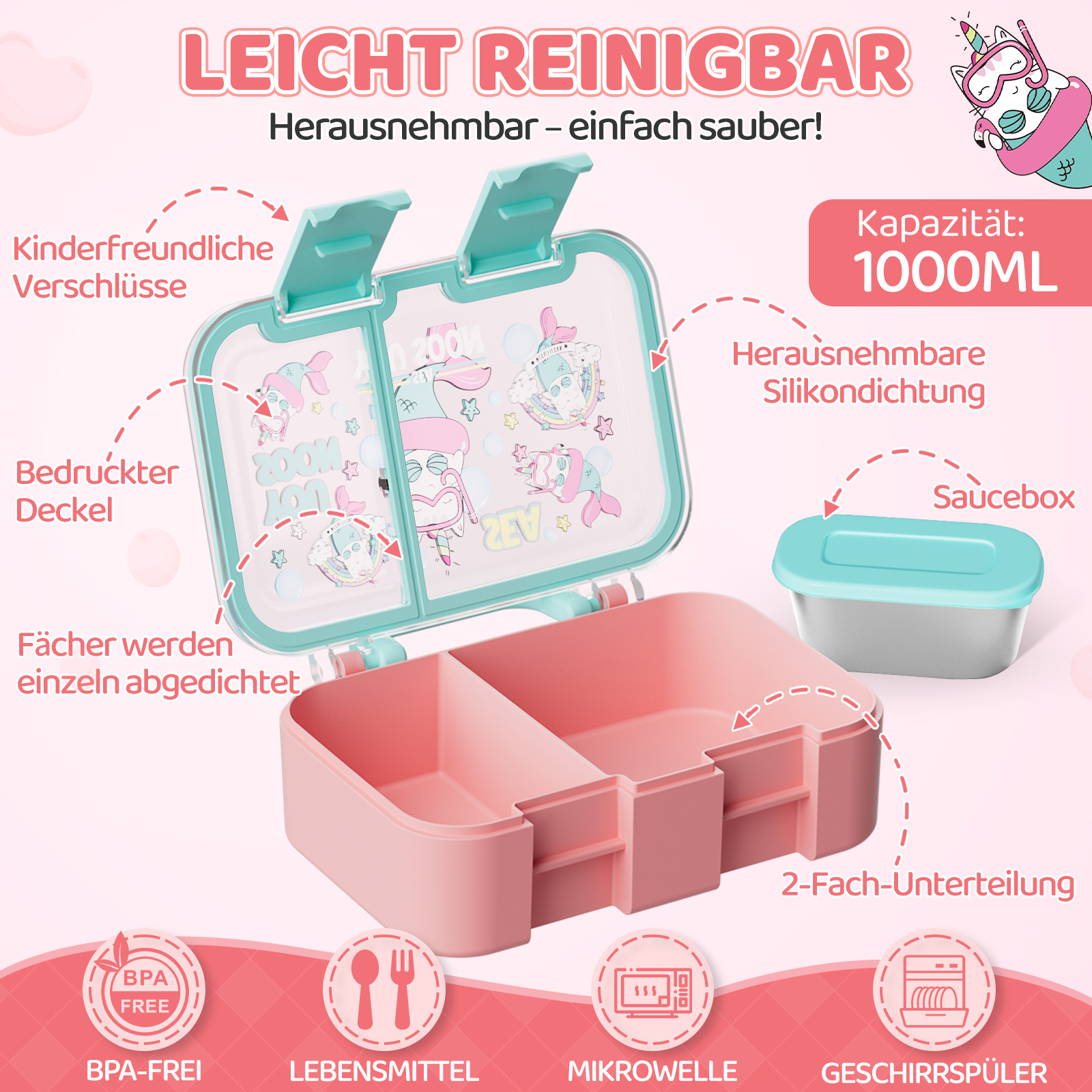 Hellblauer Brotdosen mit 2 Fächern, Saucebox, kinderfreundlich und BPA-frei.
