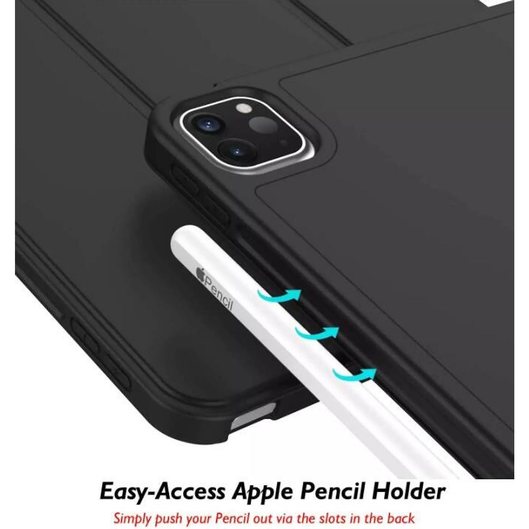 Ein weißer Apple Pencil liegt auf einer schwarzen Hülle mit Pfeilen.