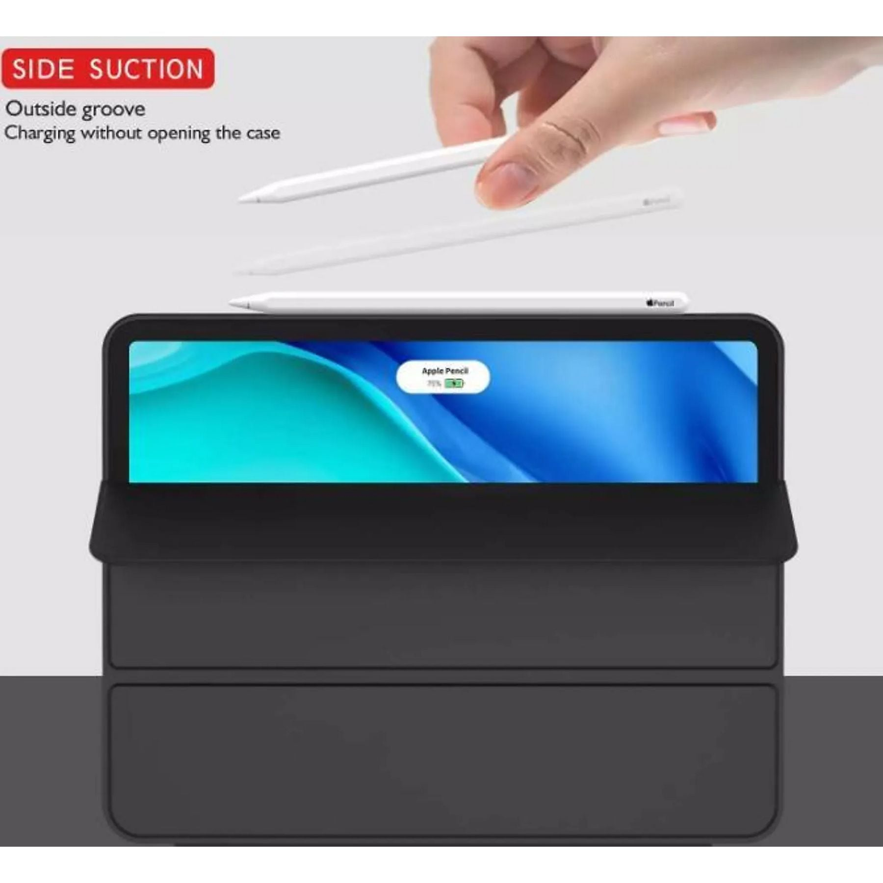 Ein iPad mit schwarzem Case und Apple Pencil wird geladen.