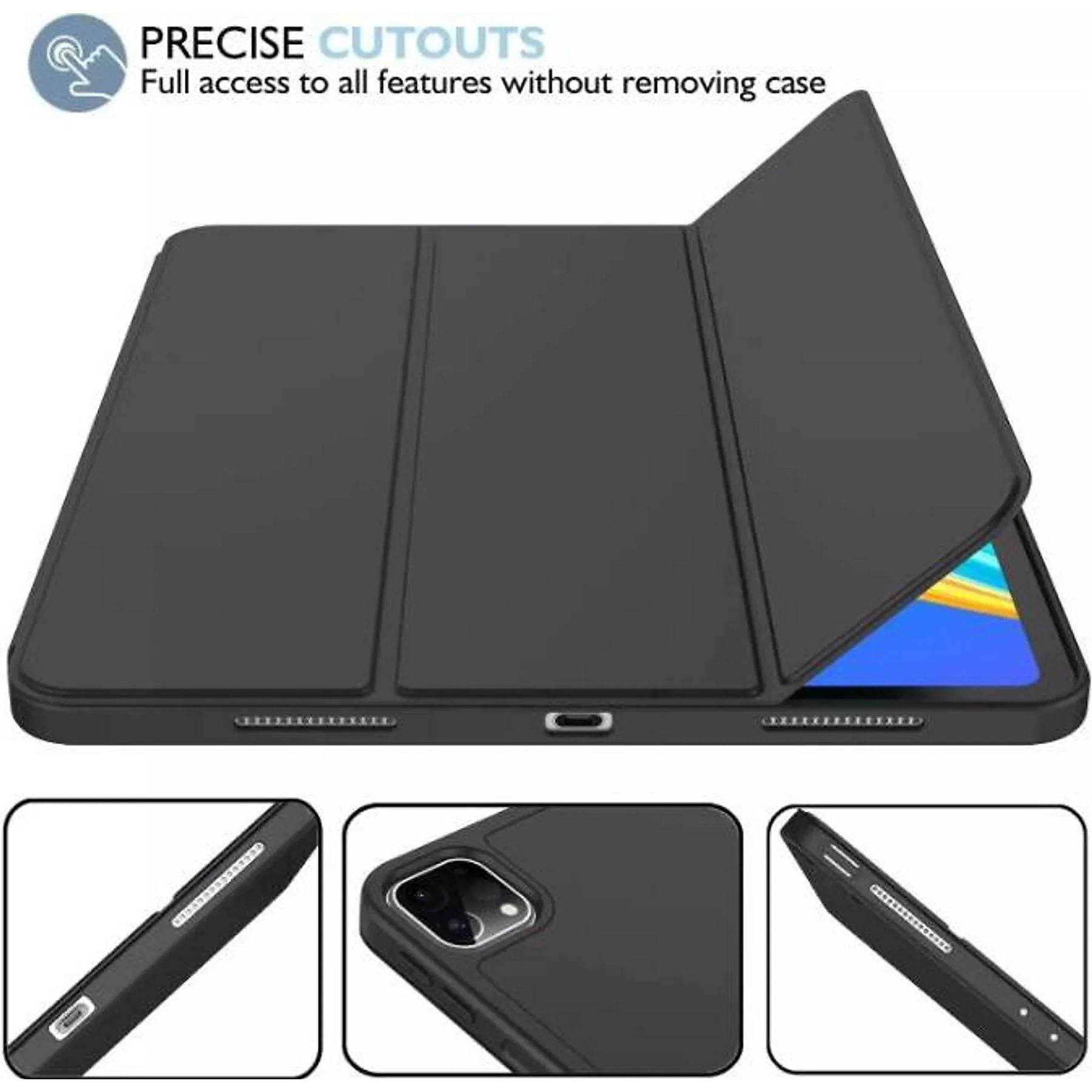 Schwarze Tablet-Hülle mit präzisen Aussparungen und drei Faltklappen.