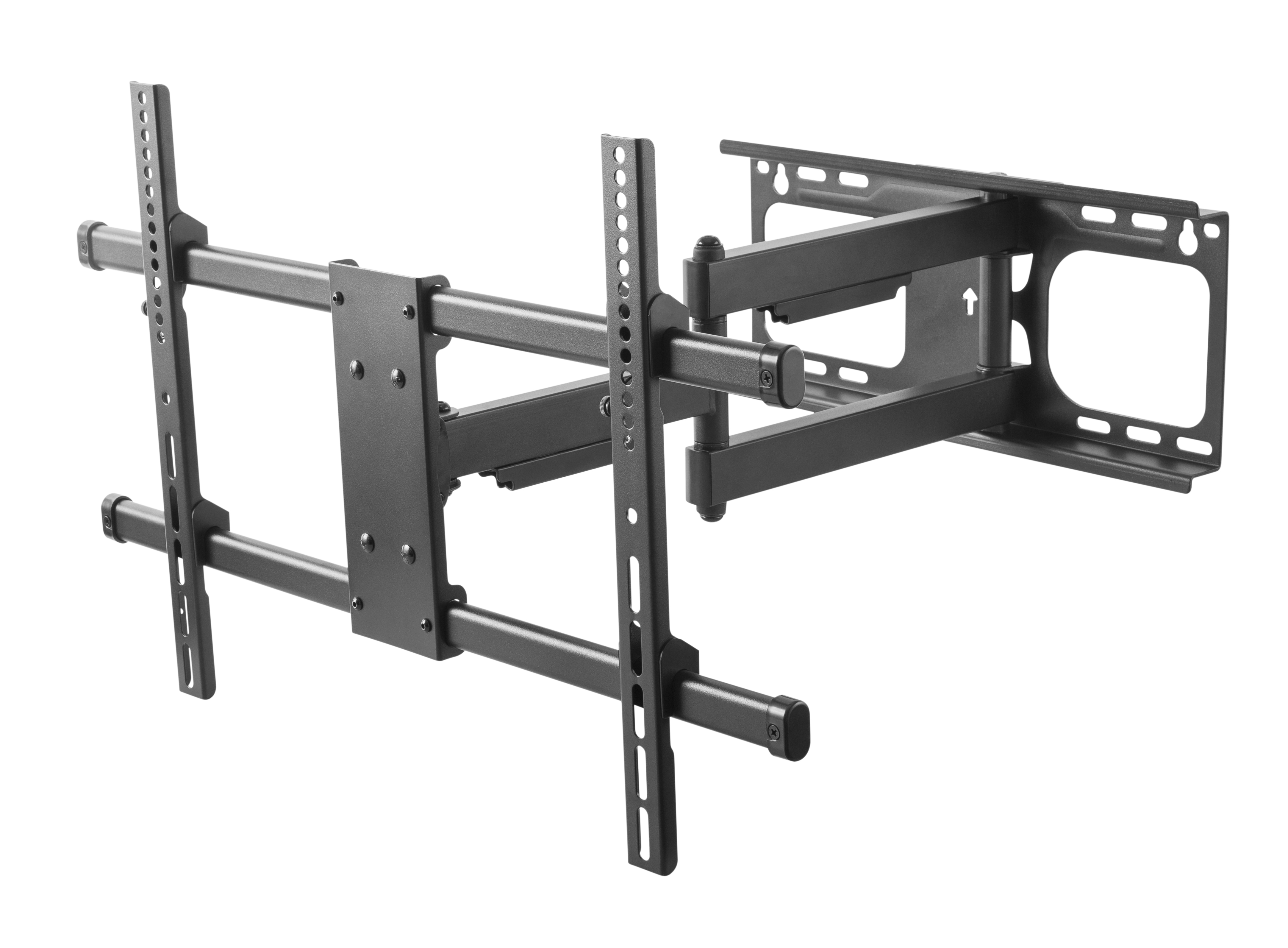 Ein schwarzer, schwenkbarer Fernsehhalter mit verstellbaren Armen und Montageplatten.