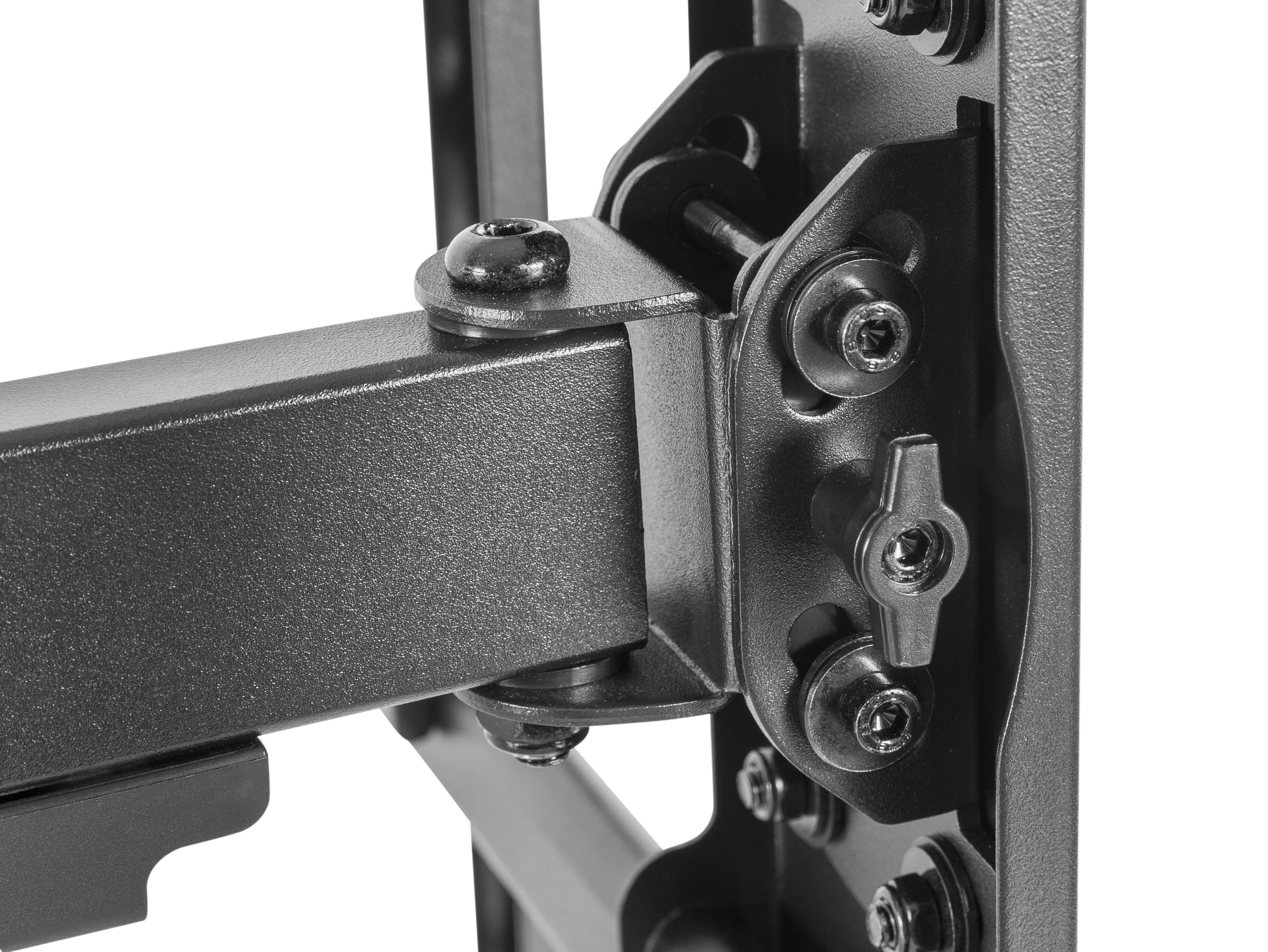Nahaufnahme einer schwarzen Metallhalterung mit Schrauben und einem Flügelmuttern-Mechanismus.