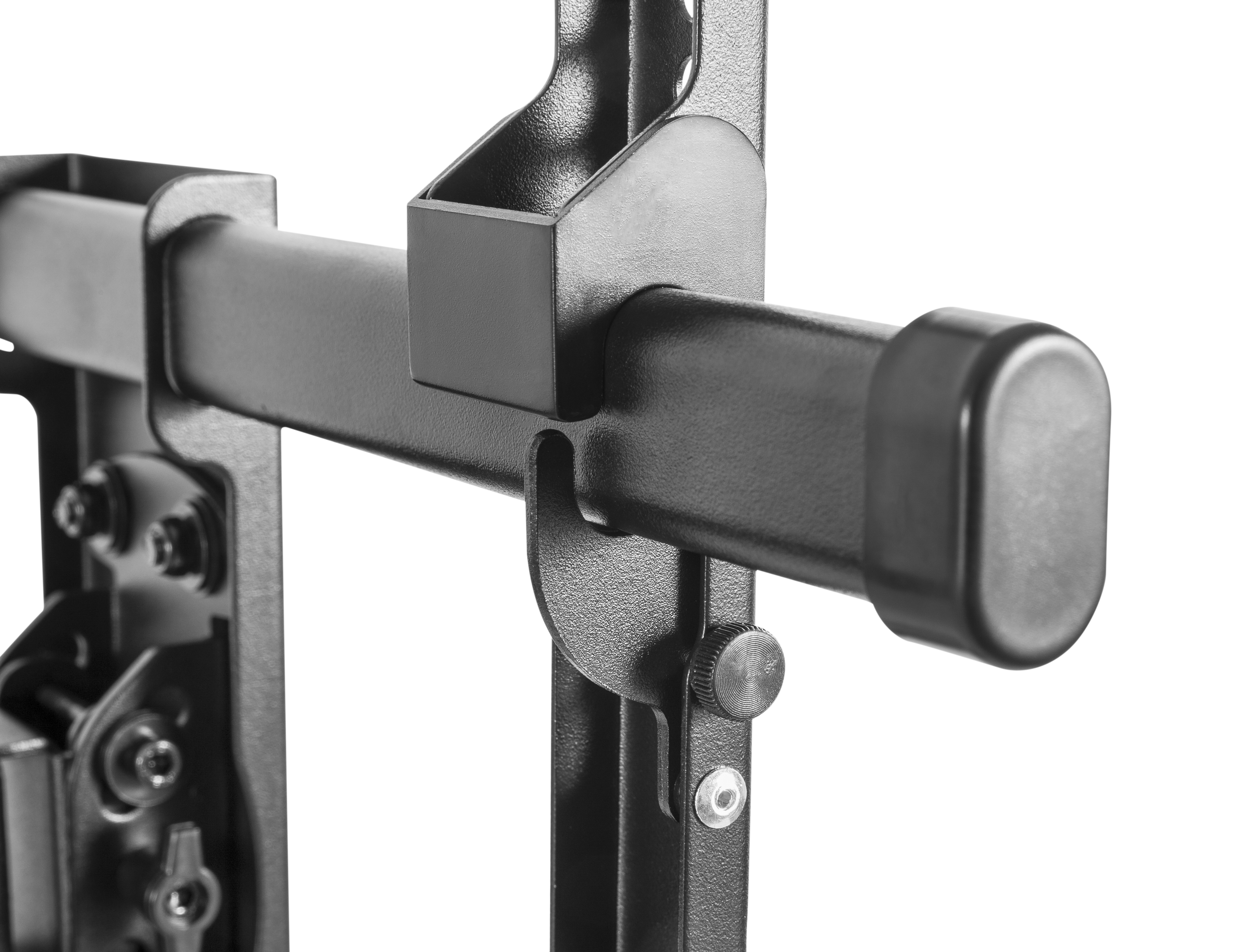 Schwarzer Metallarm mit Rändelschraube und Kappe, auf weißem Hintergrund.