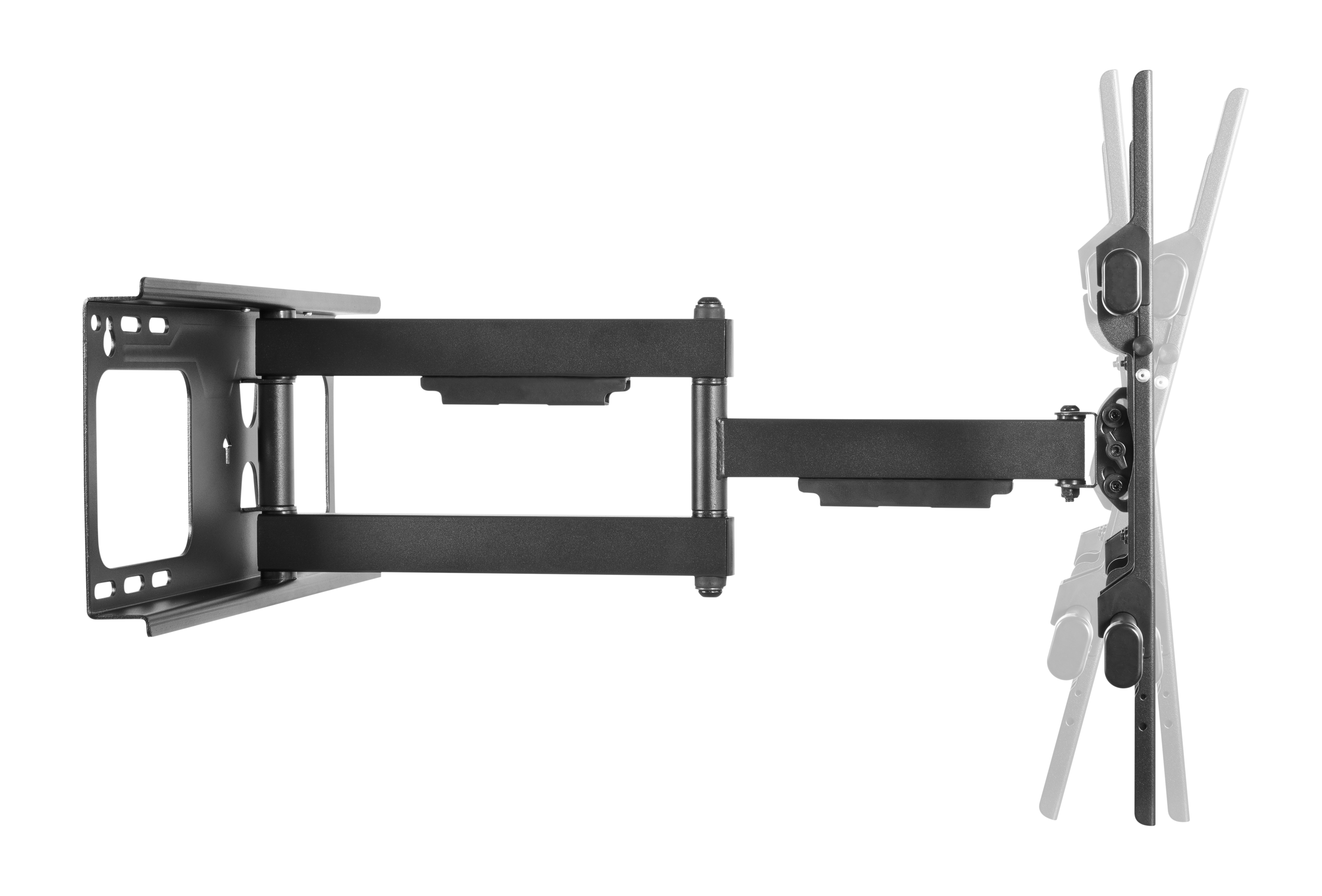 Schwarze Wandhalterung für Fernseher mit ausfahrbarem Arm und schwenkbarer Platte.