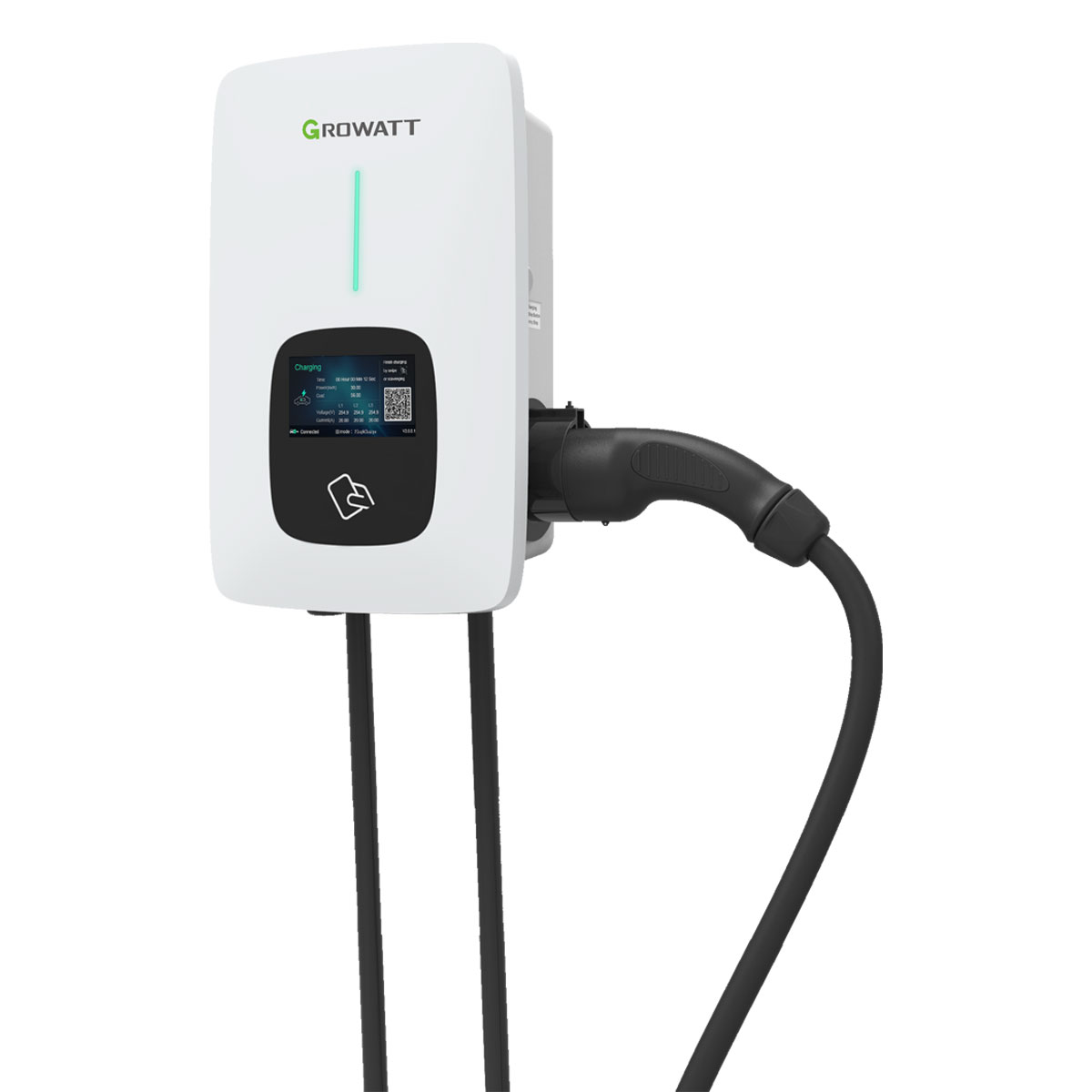 Eine weiße Growatt EV-Ladestation mit eingestecktem schwarzem Ladekabel.