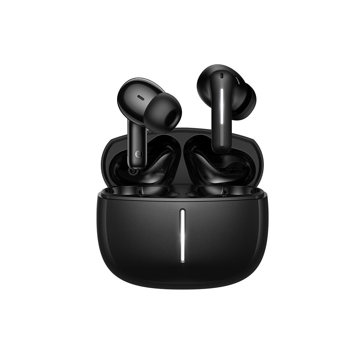 Auricolari wireless neri con custodia di ricarica. Luce bianca sulla custodia.