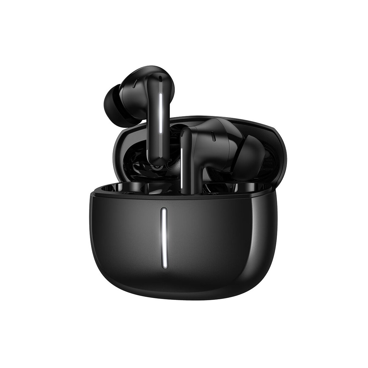Auricolari wireless neri con custodia di ricarica e accenti luminosi.