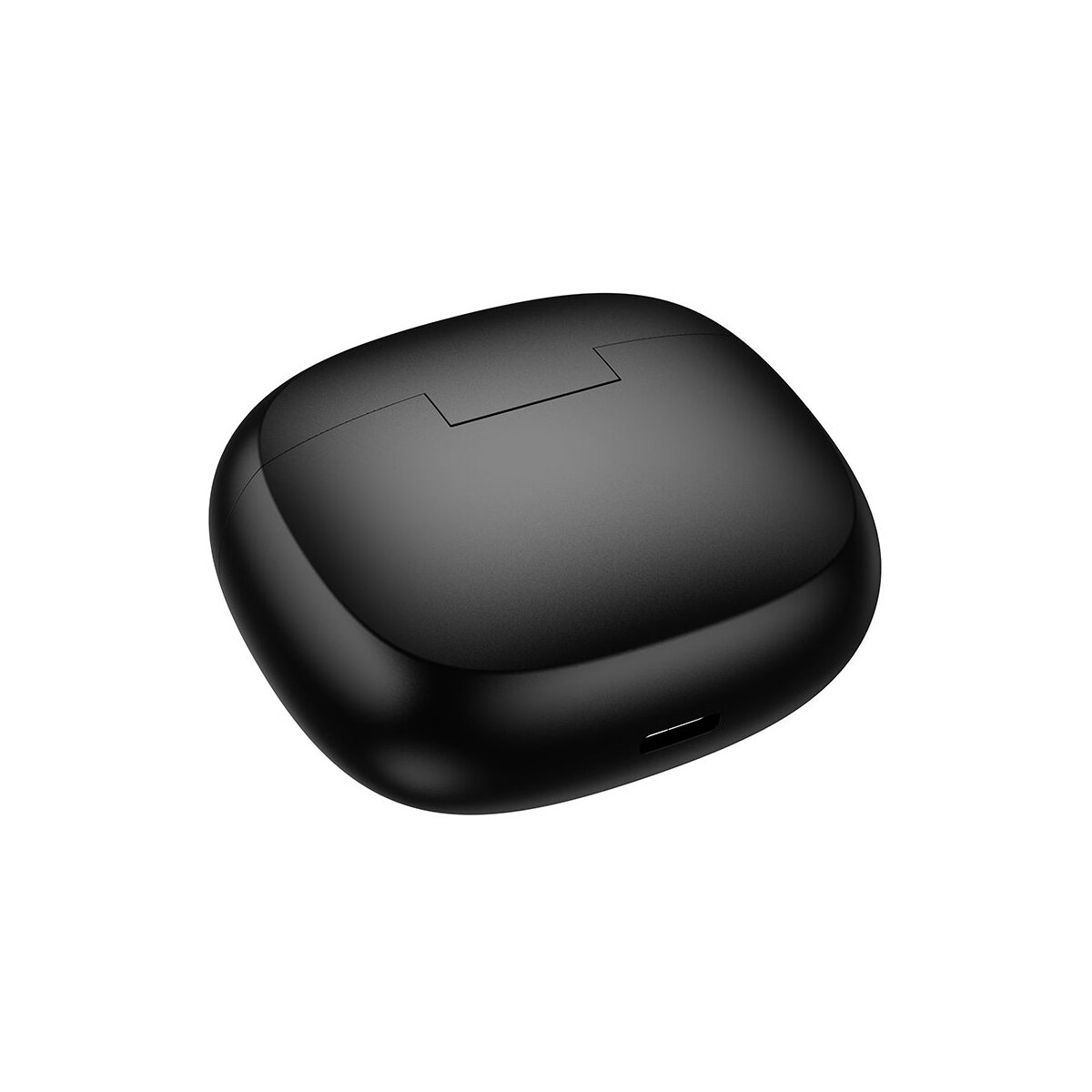 Una custodia di ricarica nera chiusa per auricolari wireless, con porta di ricarica.