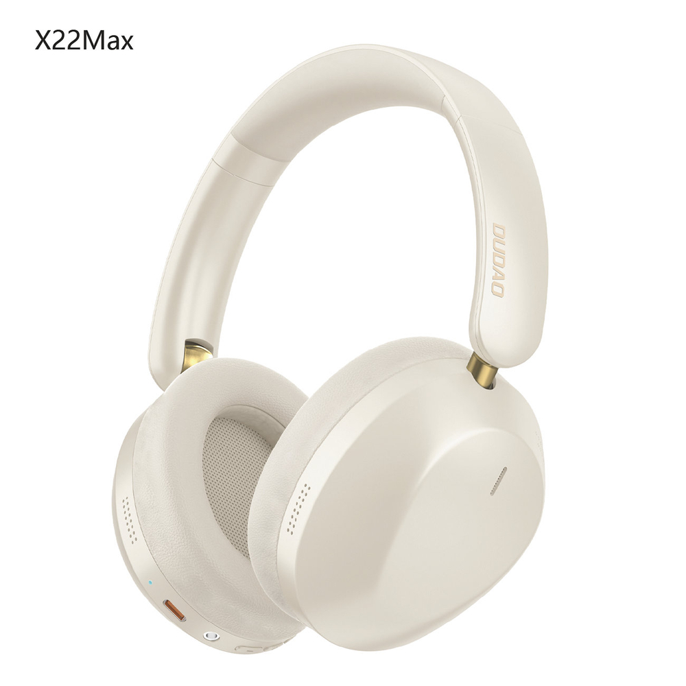 Cuffie beige con accenti dorati, modello X22Max, su sfondo bianco.