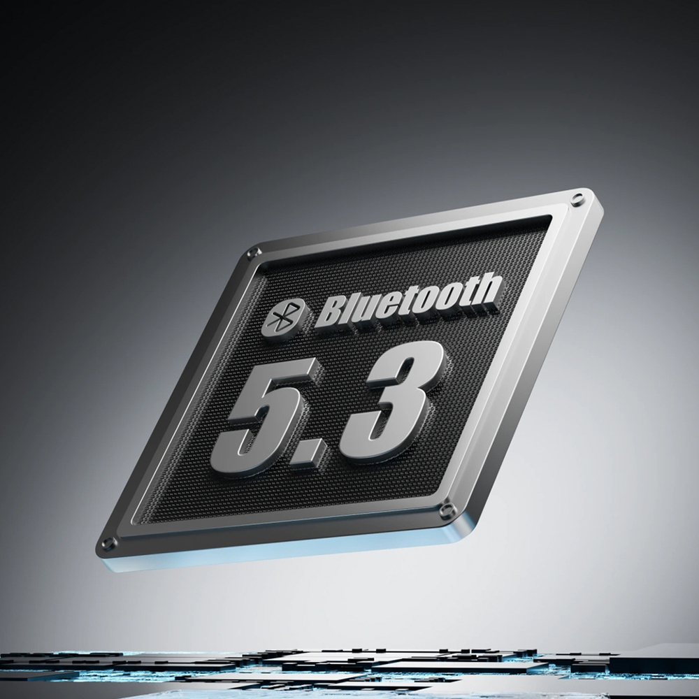 Bluetooth 5.3 Logo auf einer metallischen Platte mit Wabenstruktur.