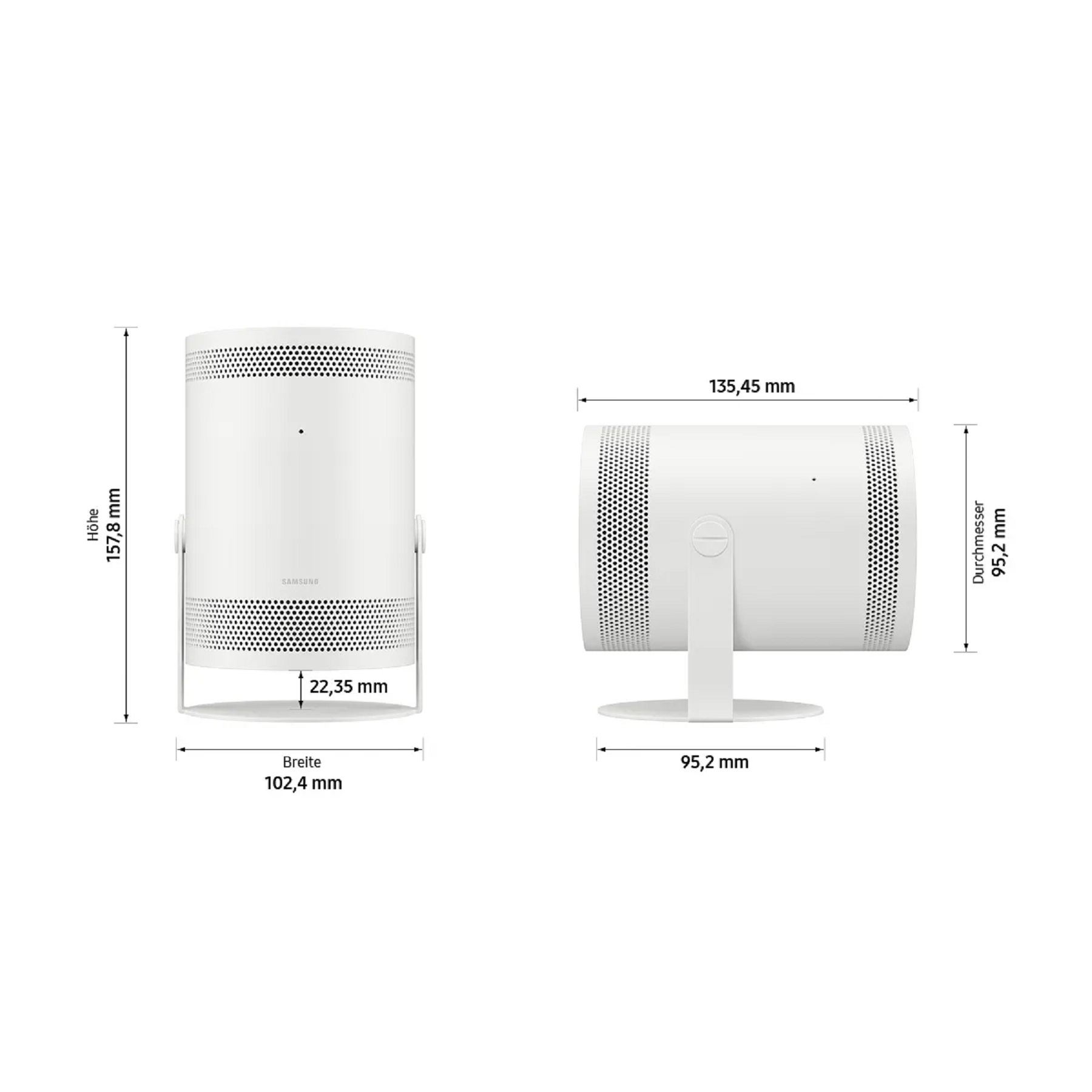 Dwa białe projektory Samsung z wymiarami. Widok z przodu po lewej, z boku po prawej.