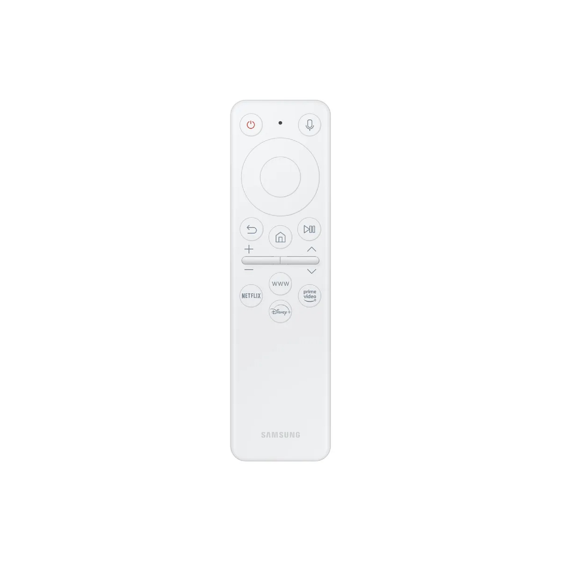 Biały pilot Samsung TV z przyciskami nawigacyjnymi.