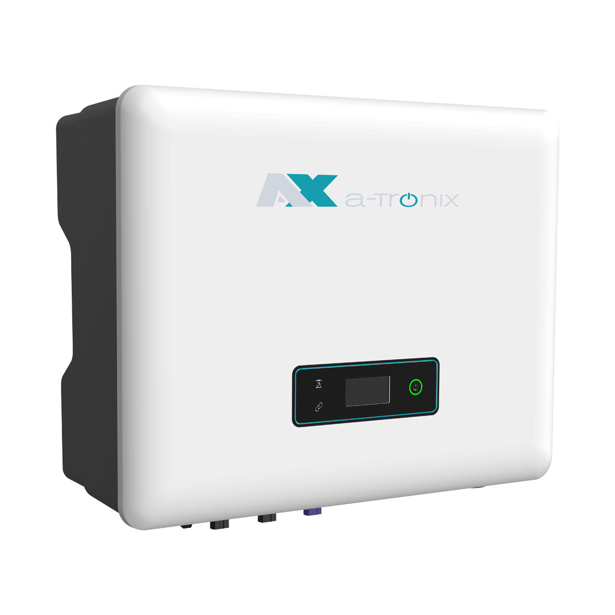 Weißer a-tronix Wechselrichter mit schwarzen Seiten und kleinem Digitaldisplay.