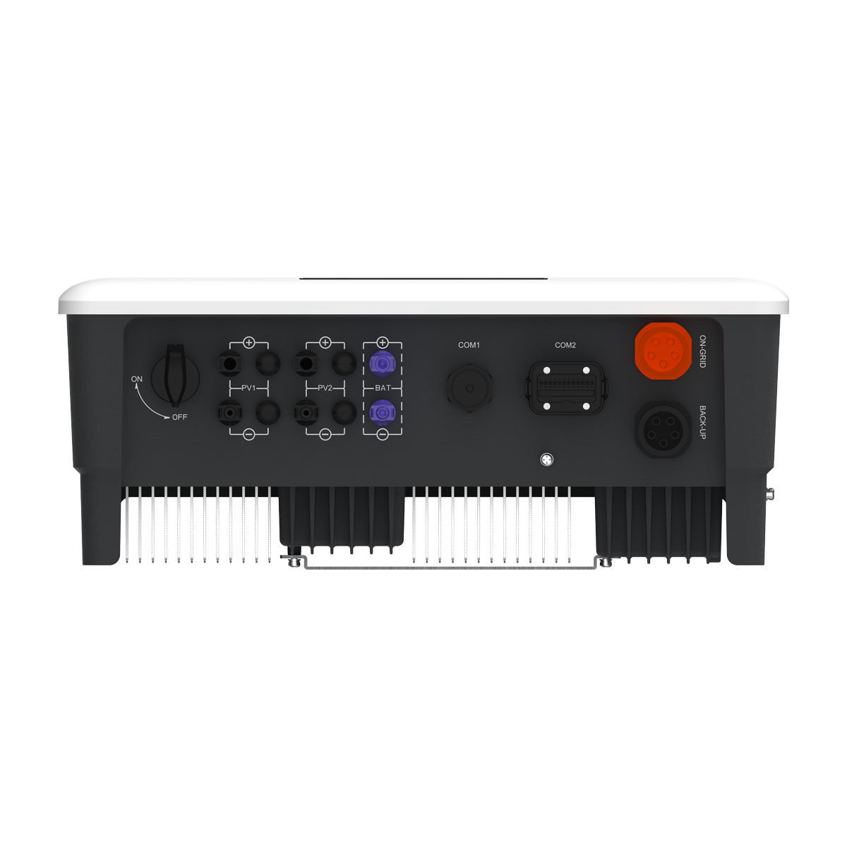 Ein Wechselrichter mit Anschlüssen für PV1, PV2, Batterie, COM1, COM2, ON-GRID und BACK-UP.