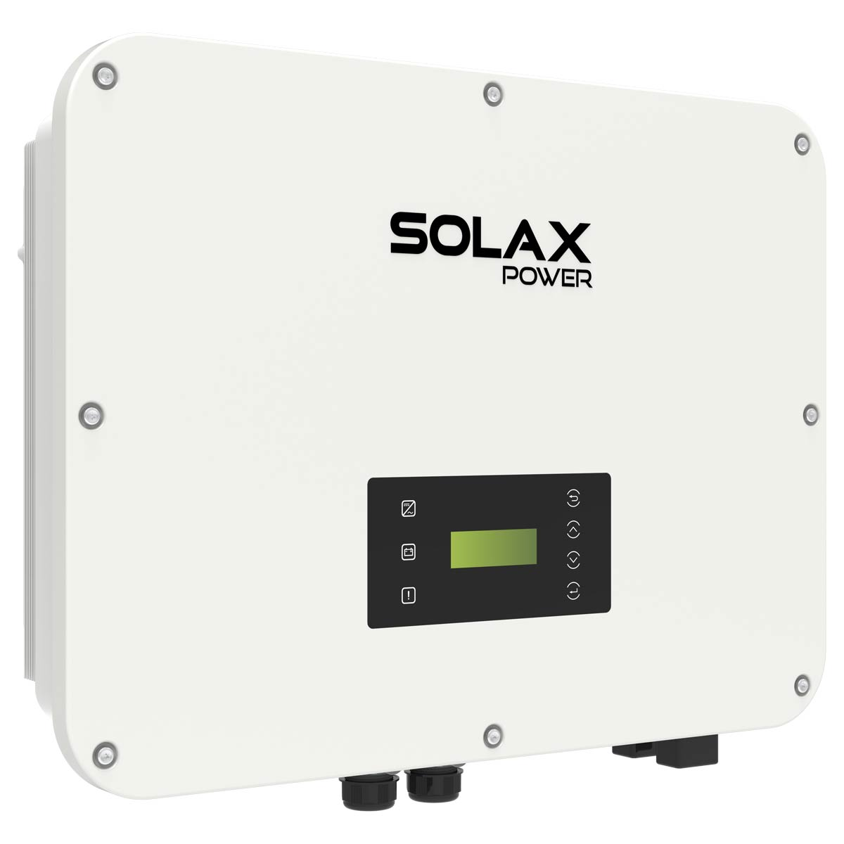 Ein weißer Solax Power Wechselrichter mit kleinem grünen Display und Kontrollleuchten.