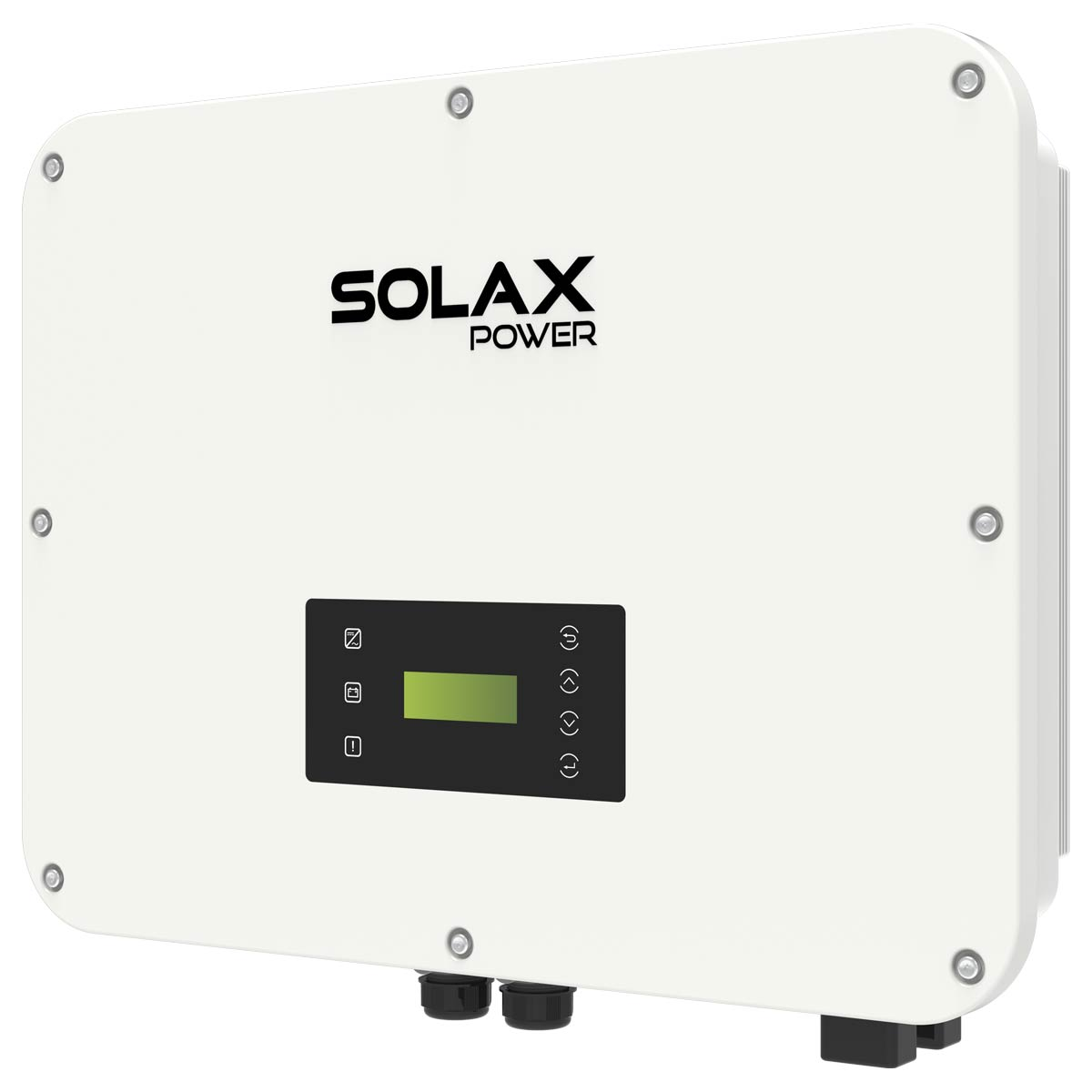 Ein weißer Solax Power Wechselrichter mit schwarzem Display und Symbolen.