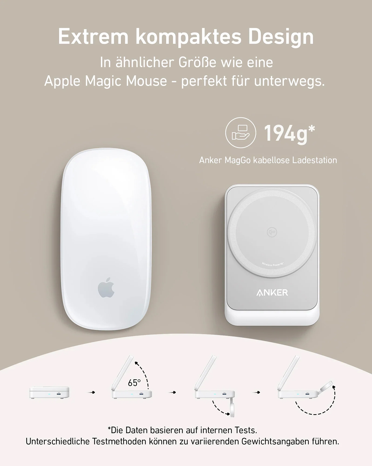Weiße Apple Magic Mouse und weiße Anker MagGo Ladestation mit Gewichtsangabe.