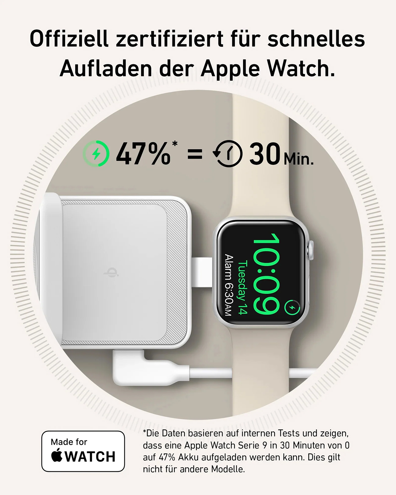 Apple Watch wird in 30 Min. von 0 auf 47% geladen.