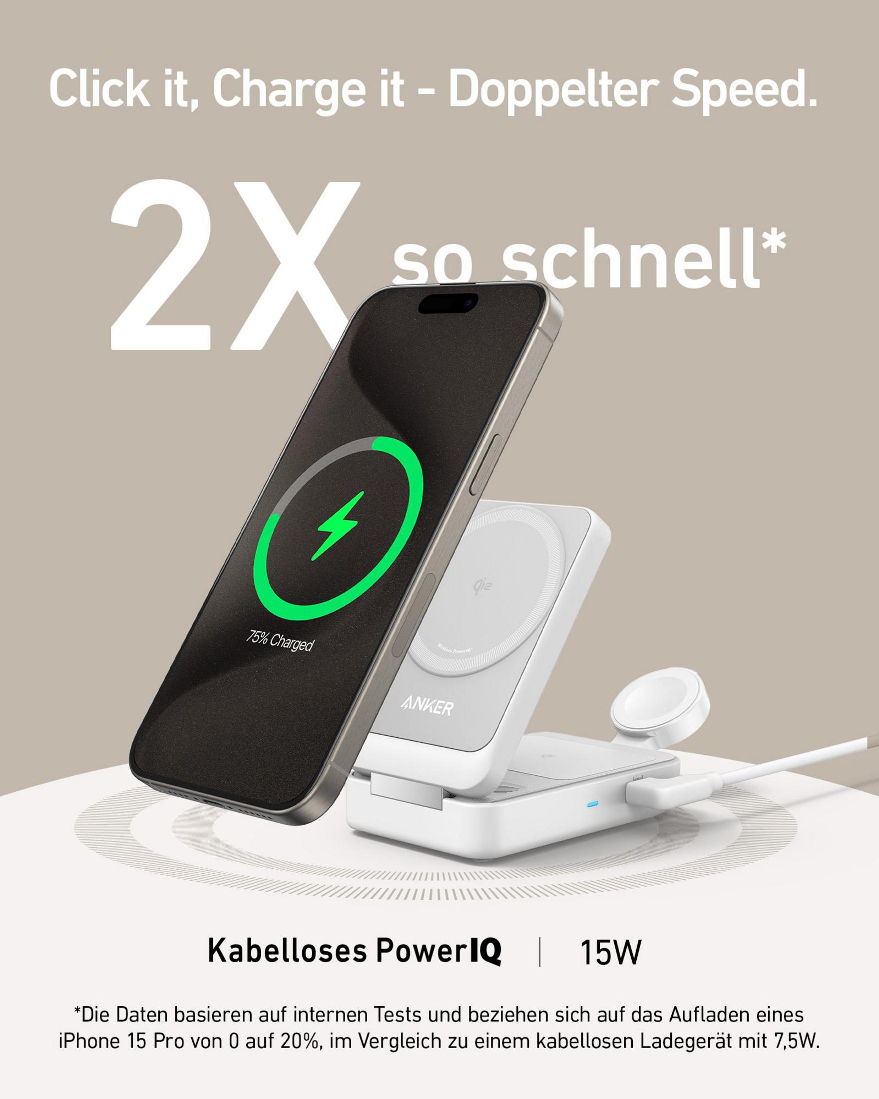 Ein iPhone wird kabellos auf einer Anker Ladestation geladen.