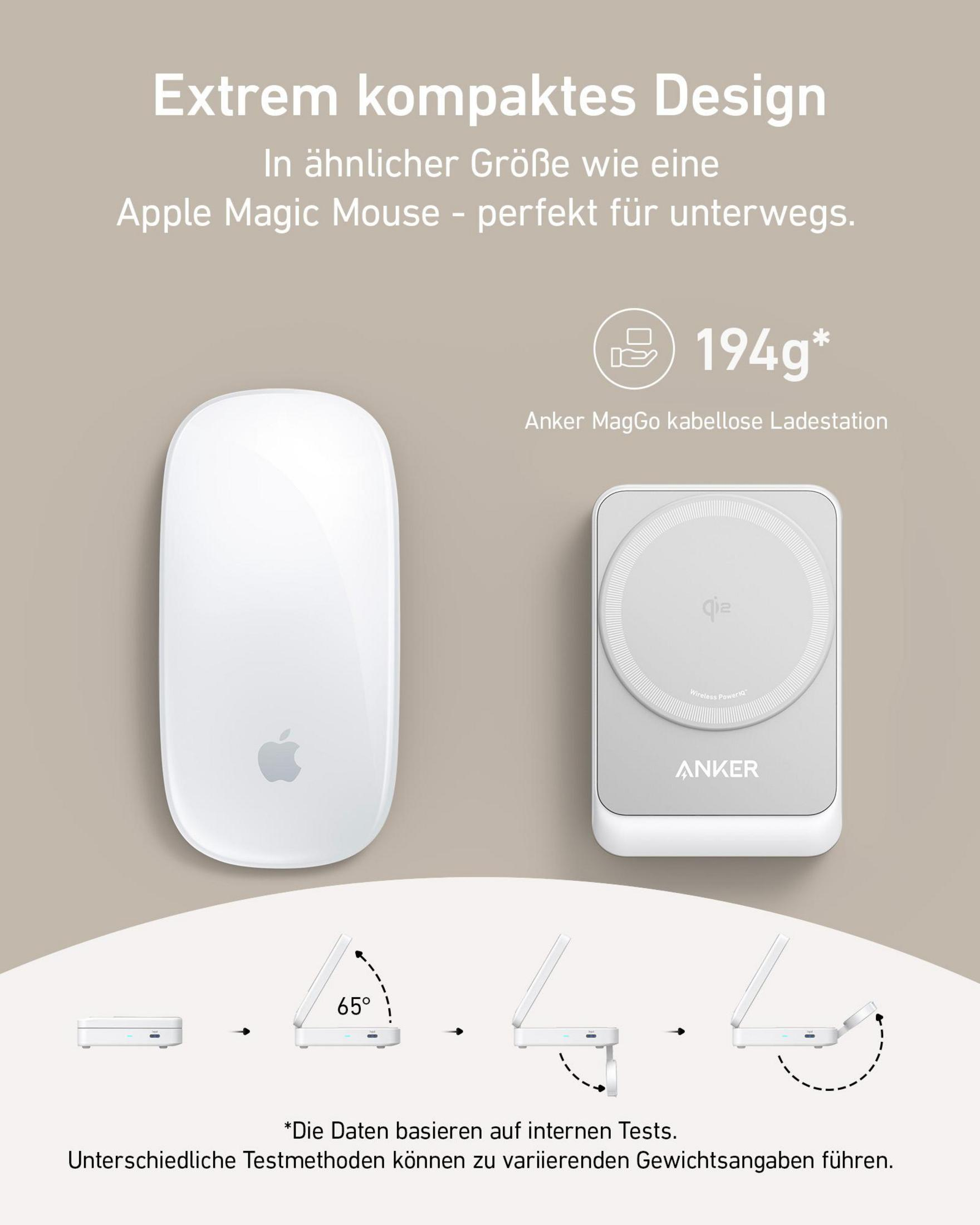 Weiße Apple Magic Mouse und weiße Anker Ladestation nebeneinander.