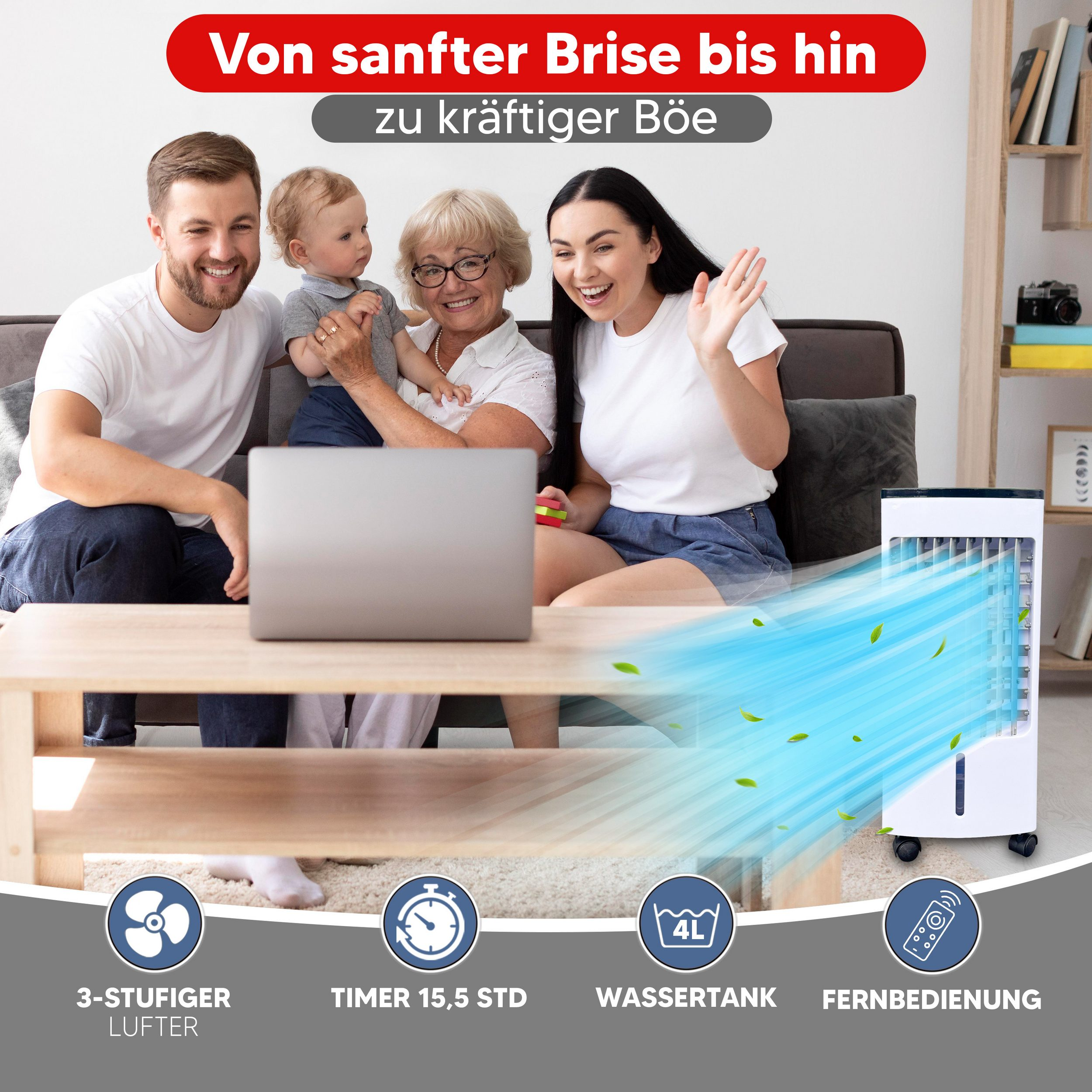 Familie sitzt auf Sofa mit Klimagerät, das Luft ausbläst.