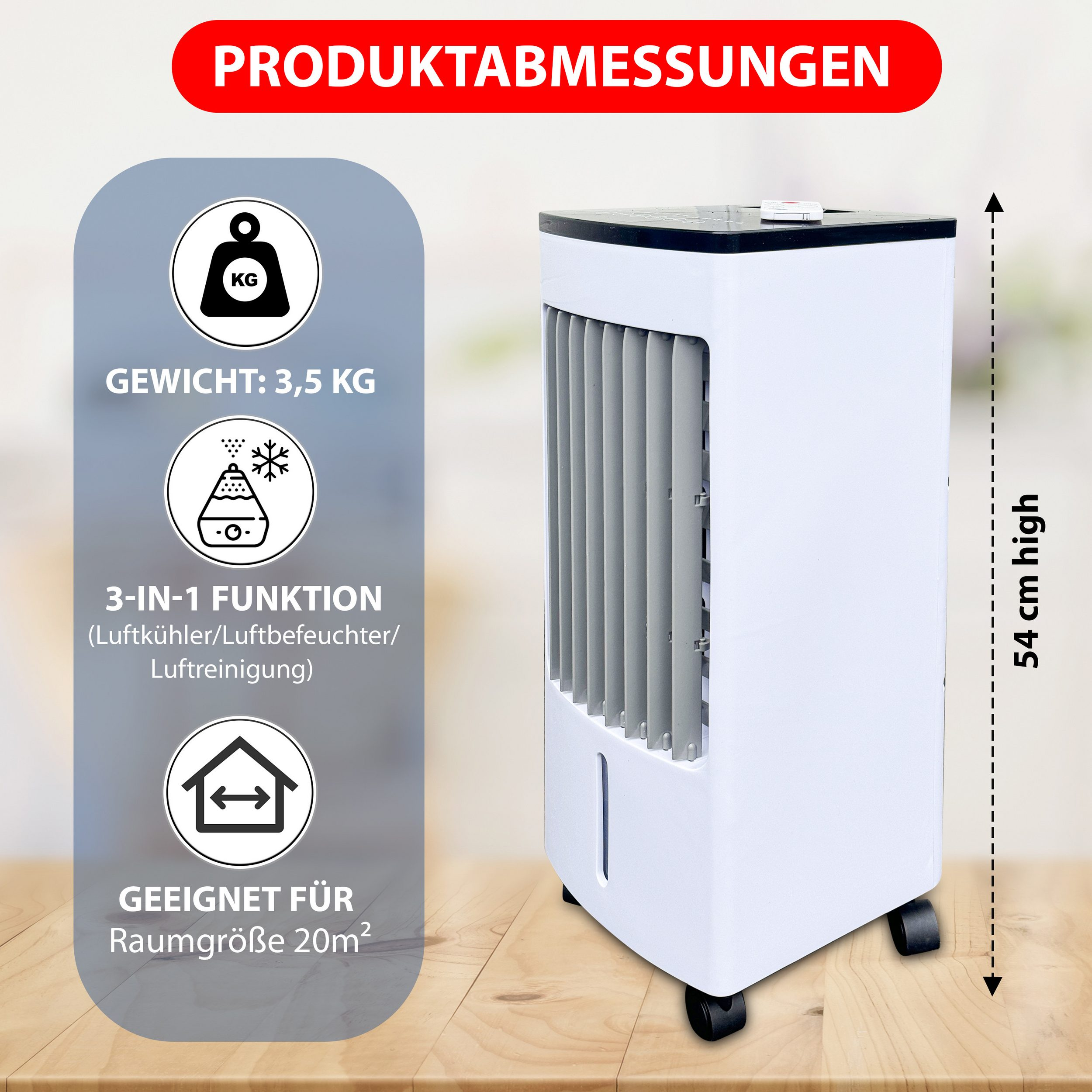 Ein weißer 3-in-1 Luftkühler auf Rollen, 54 cm hoch, wiegt 3,5 kg.