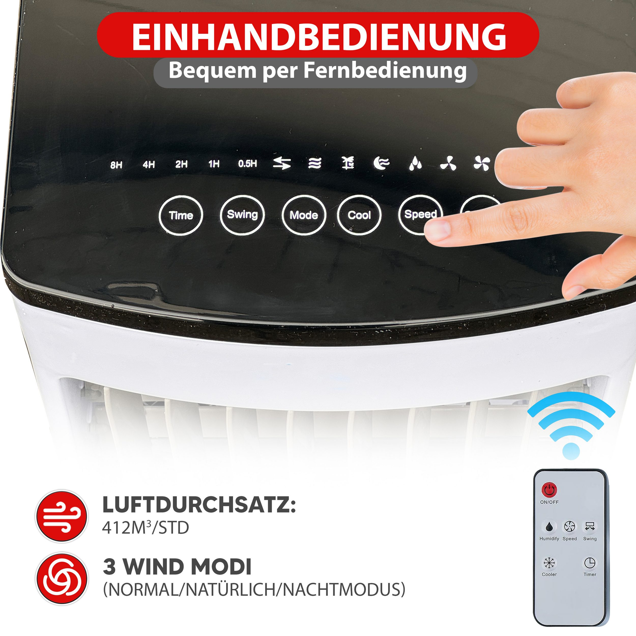 Einhandbedienung per Fernbedienung, mit Modus- und Geschwindigkeitsoptionen.