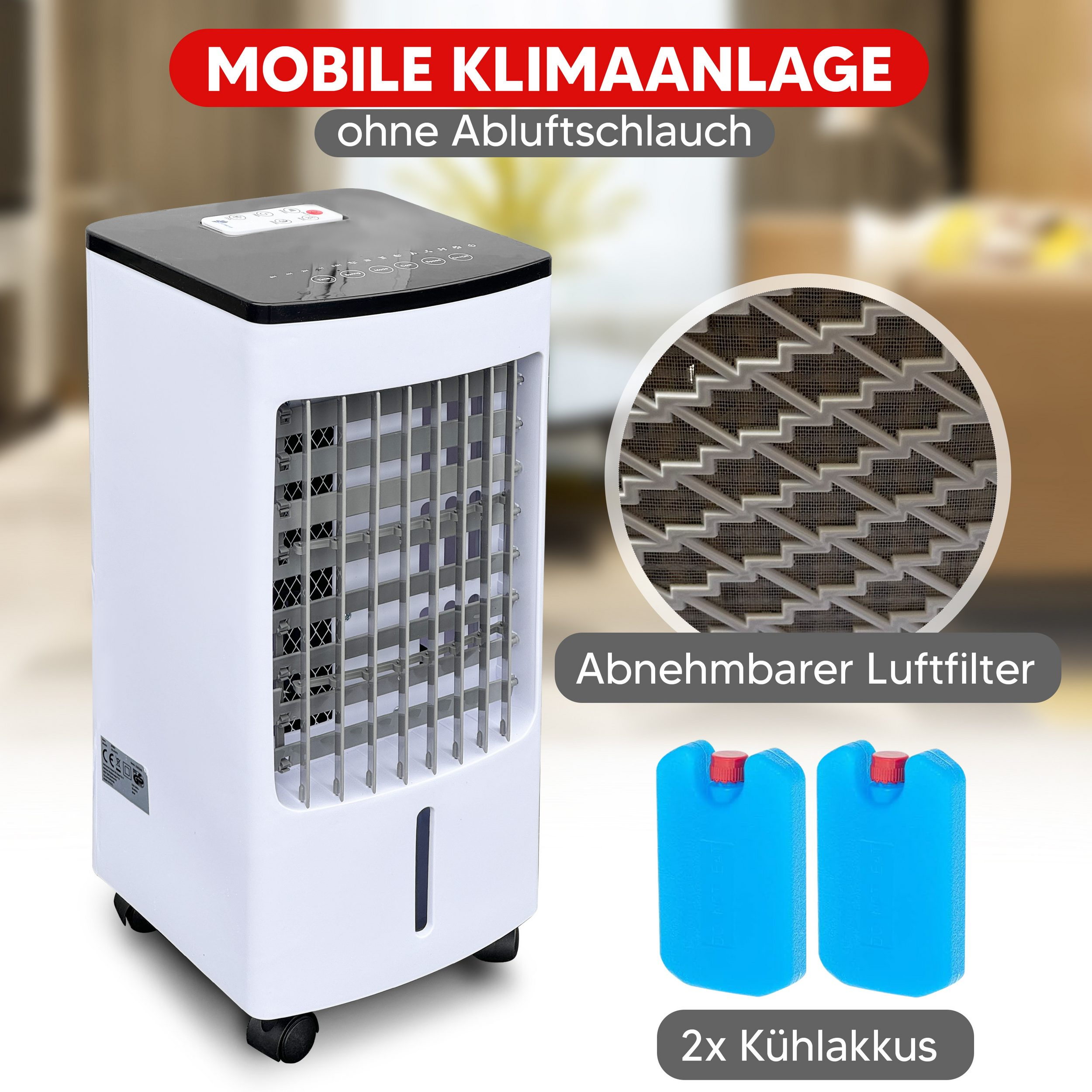 Mobile Klimaanlage mit Fernbedienung, abnehmbarem Luftfilter und zwei Kühlakkus.