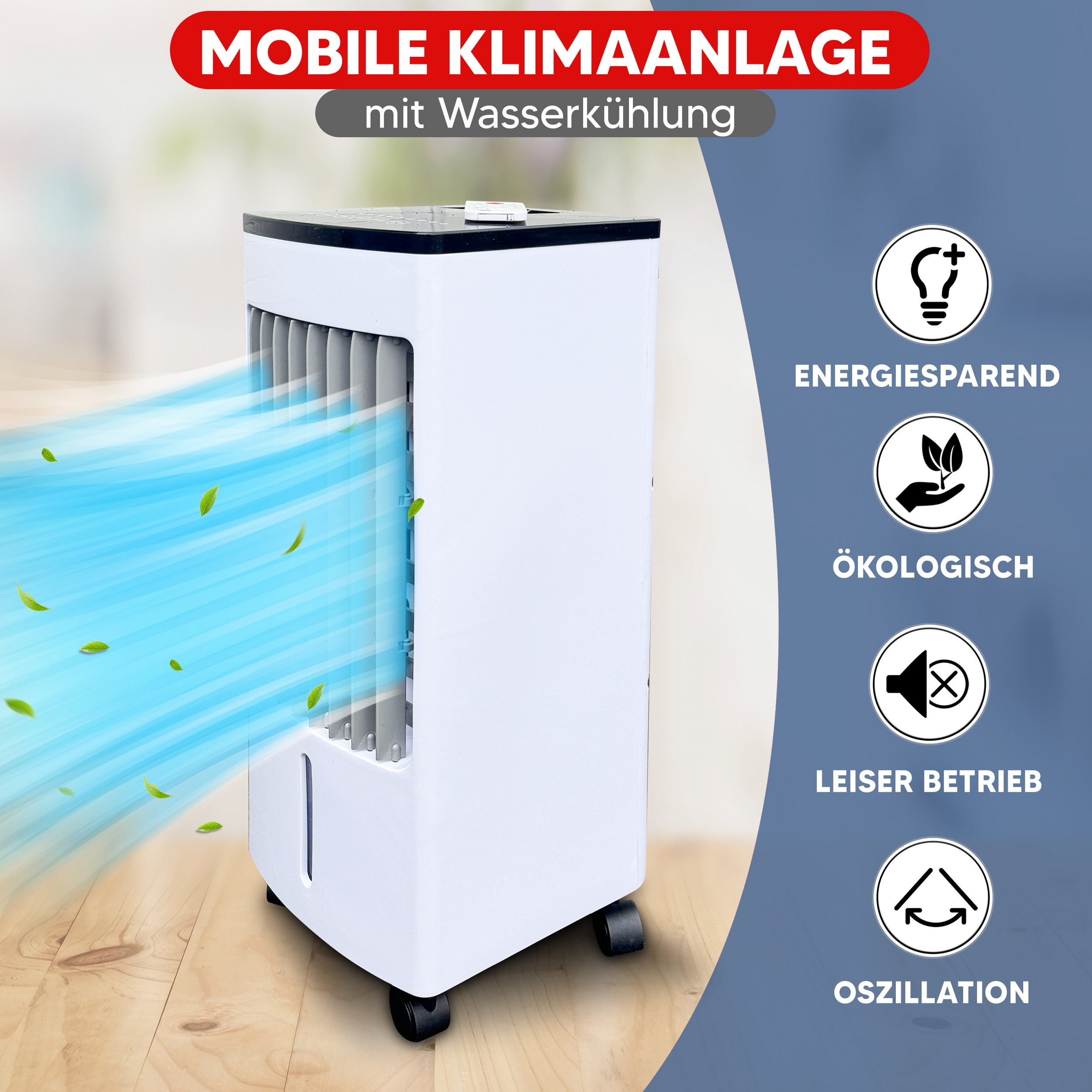 Ein weißer mobiler Luftkühler mit Rädern bläst blaue kühle Luft aus.