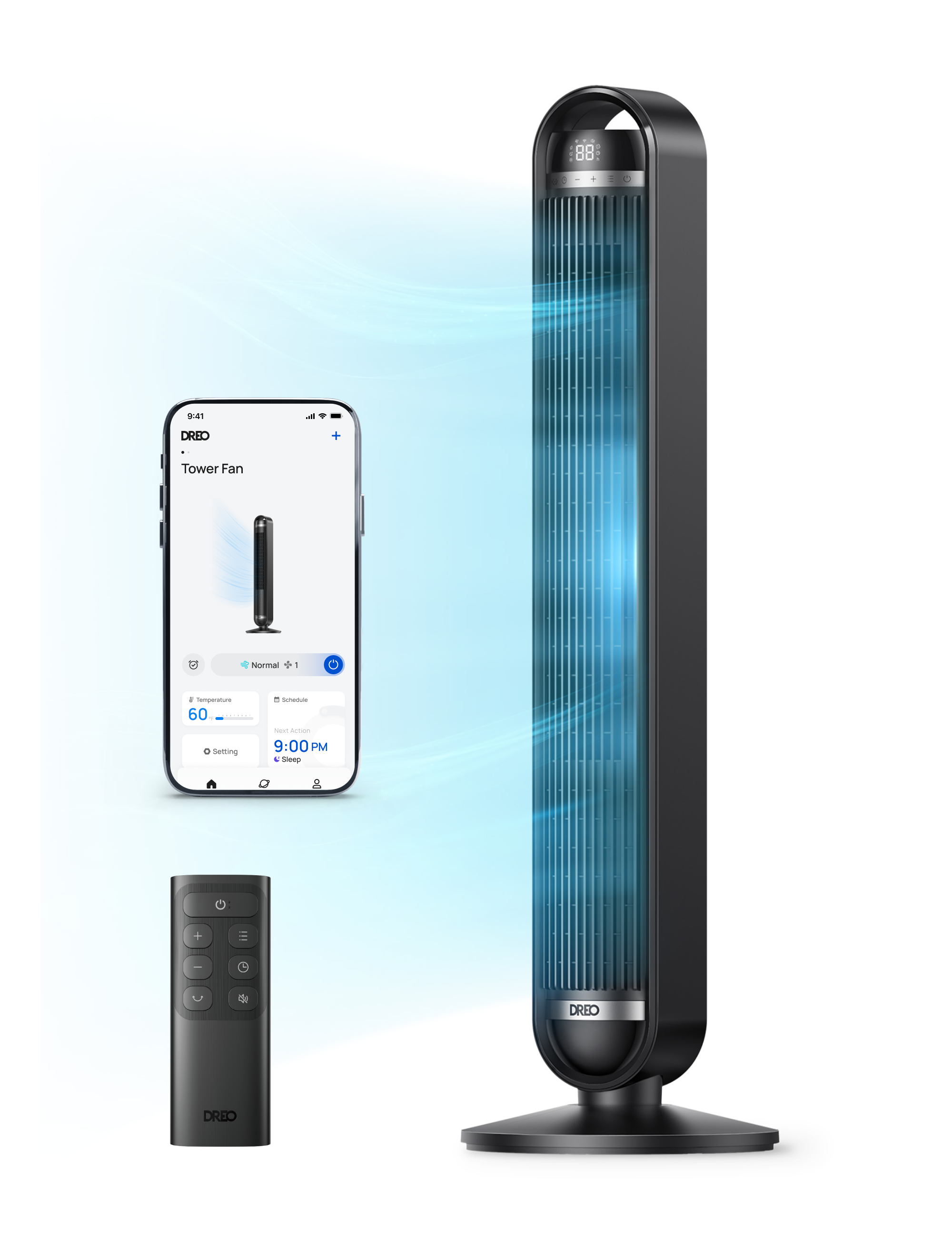 Ein schwarzer Turmventilator mit Fernbedienung und App-Steuerung.