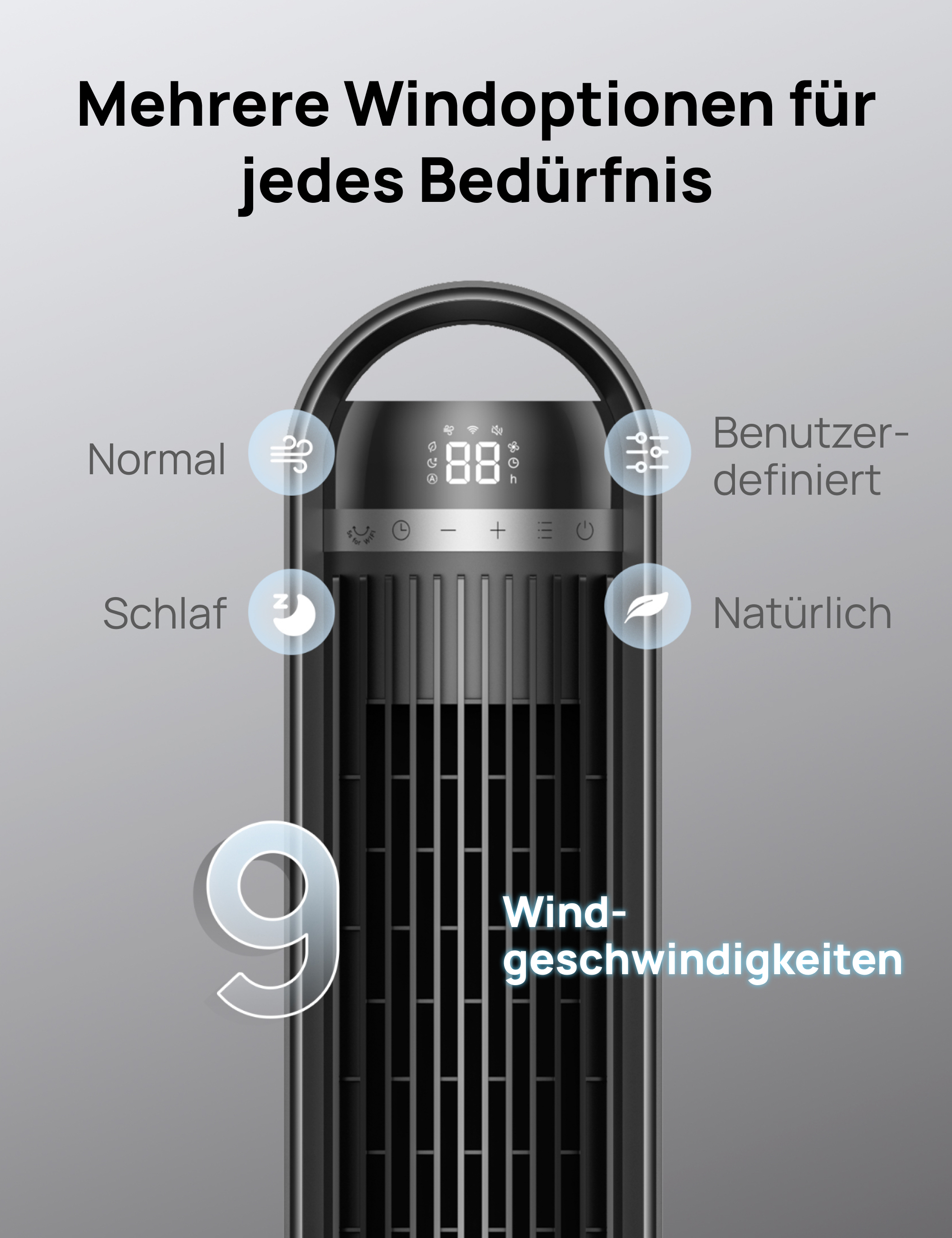 Turmventilator mit 9 Geschwindigkeiten, Normal-, Schlaf-, Benutzerdefiniert, Natürlich.
