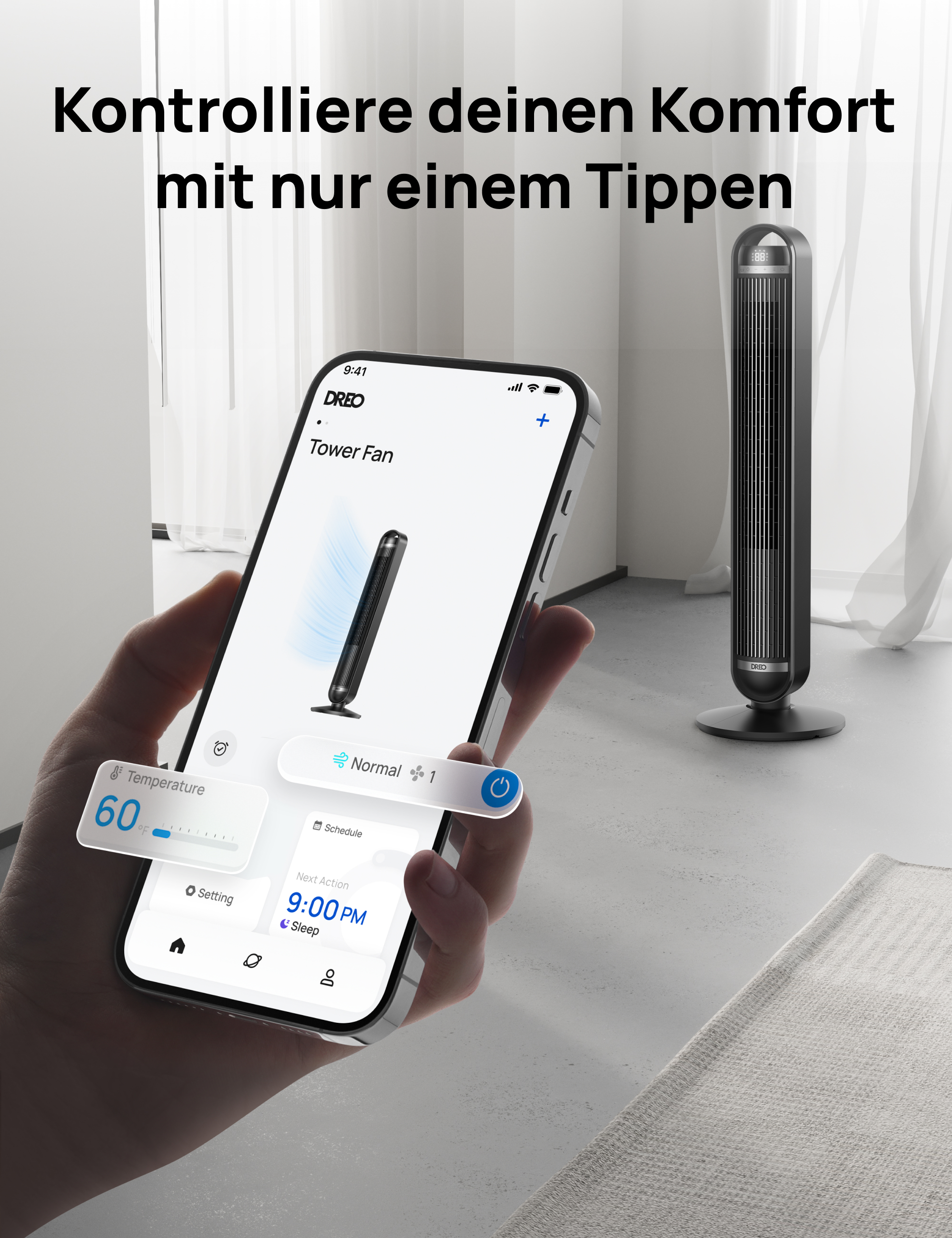 Ein Smartphone zeigt eine App zur Steuerung eines Turmventilators. Ein Ventilator steht daneben.