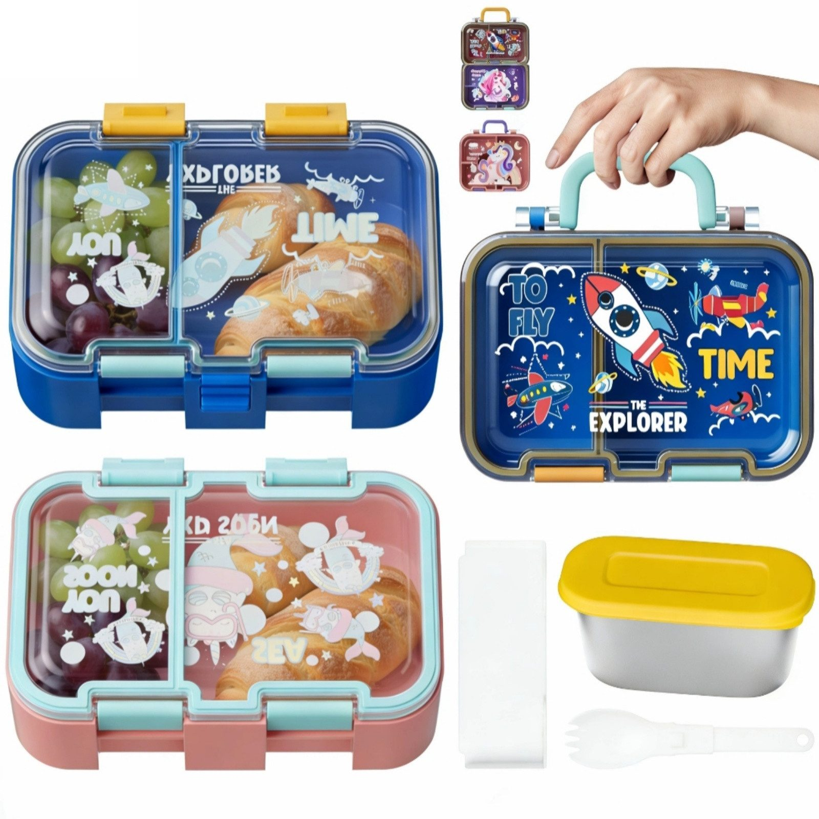 Drei Lunchboxen mit Weltraum- und Einhorn-Motiven, eine gefüllt mit Obst und Croissants.