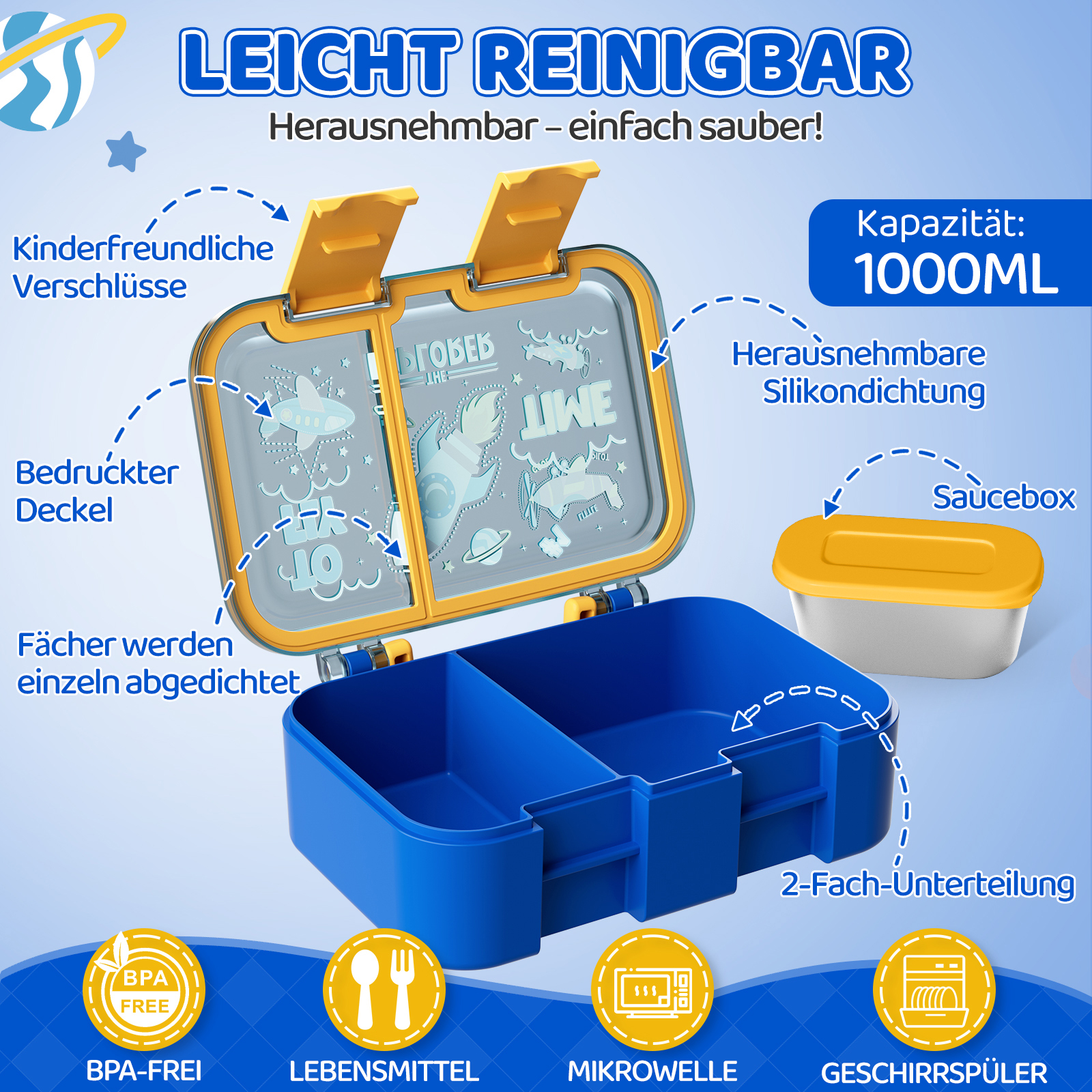 Ein blauer Brotdosen-Organizer mit gelbem Deckel und vielen Fächern.