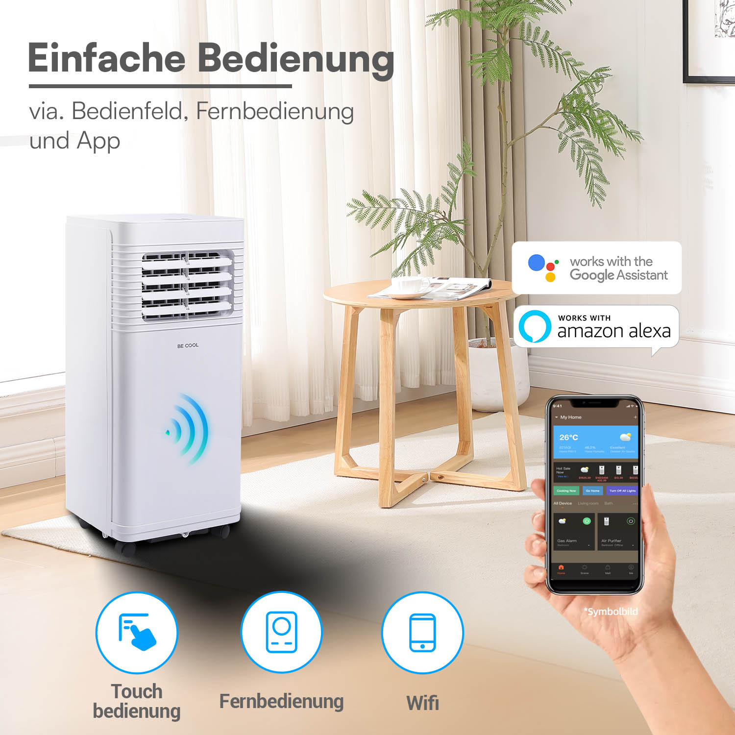 Ein weißer Klimaanlagen-Turm mit App-Steuerung und Sprachassistenten-Logos.