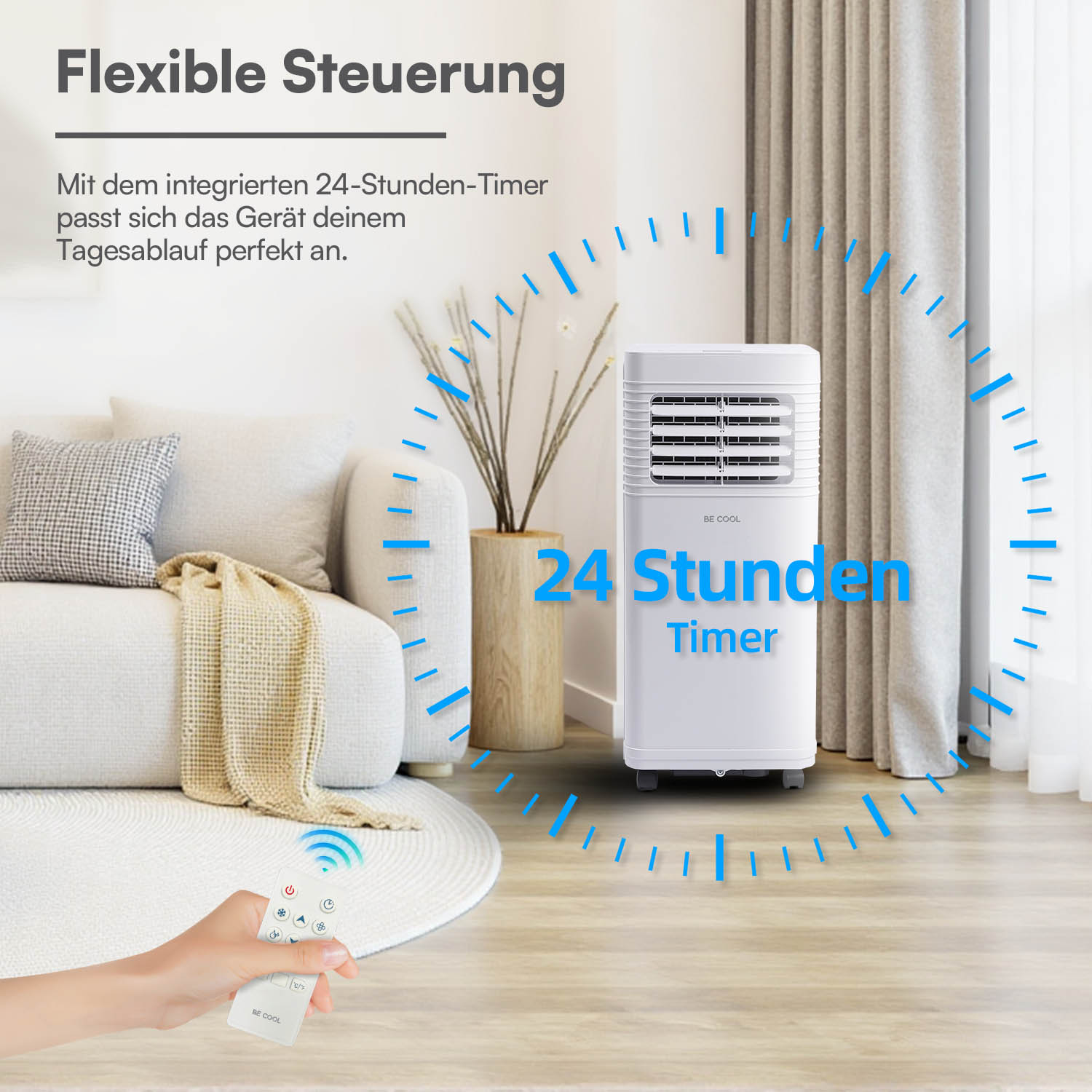 Ein weißer Luftkühler mit Fernbedienung und einem 24-Stunden-Timer-Symbol.