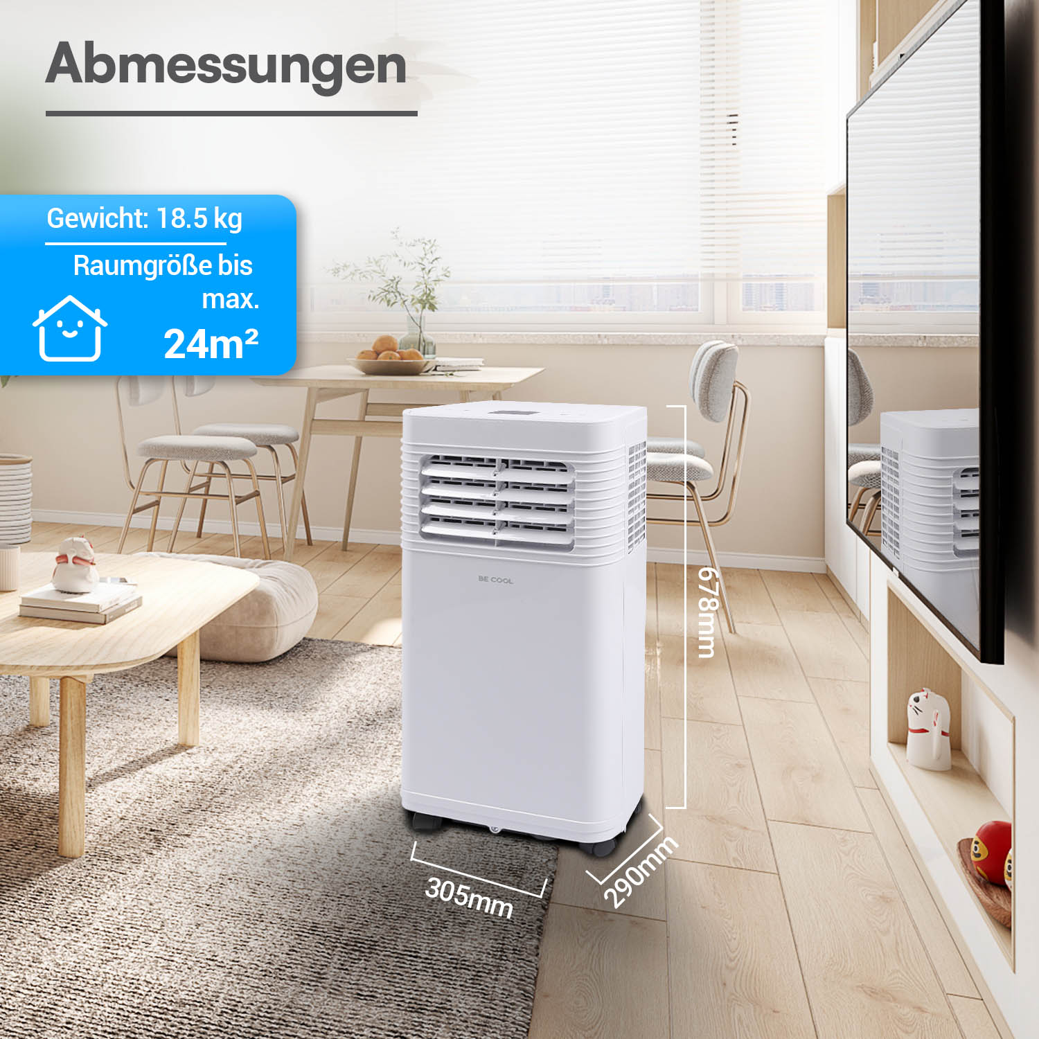 Ein weißer mobile Klimaanlage steht in einem Wohnzimmer mit Maßen.