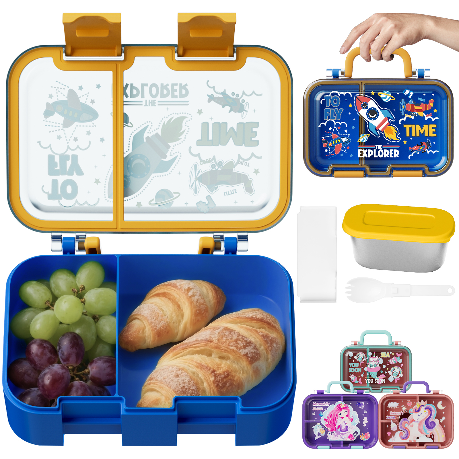 Ein blauer Brotdosen-Organizer mit Trauben, Croissants und einem Weltraum-Design.