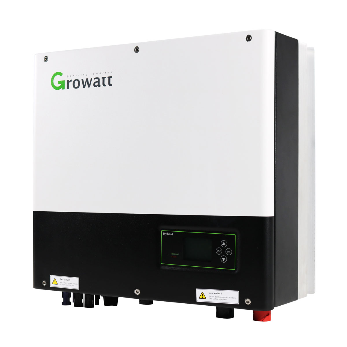 Ein weißer und schwarzer Growatt Hybrid-Wechselrichter mit Digitalanzeige und Tasten.