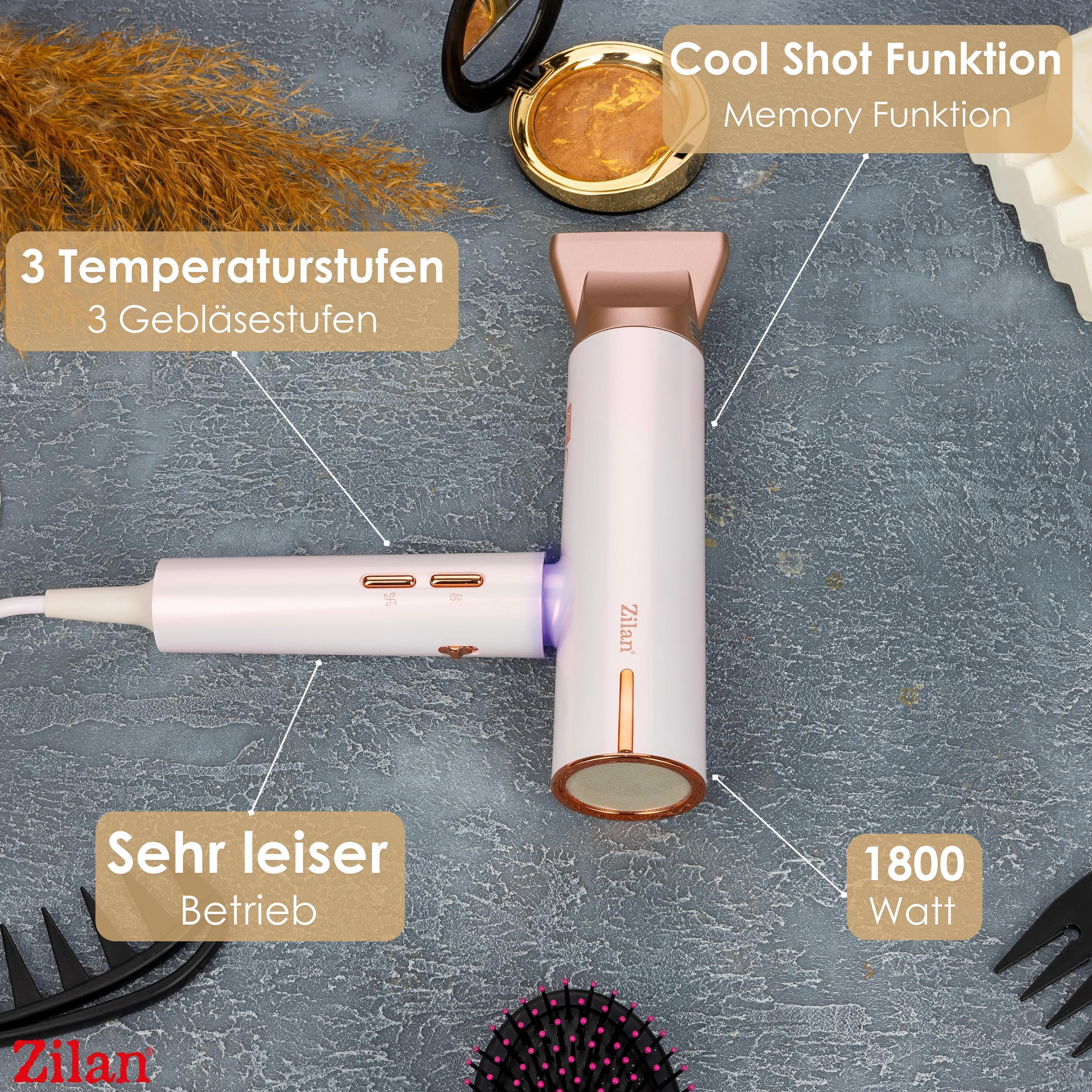 3 sıcaklık ayarlı, 1800 watt beyaz ve roze altın rengi saç kurutma makinesi.