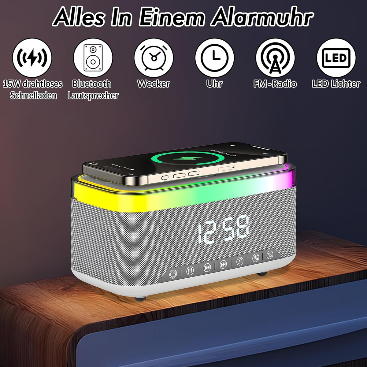 Ein Multifunktionswecker mit Smartphone, LED-Beleuchtung und Bedienelementen.
