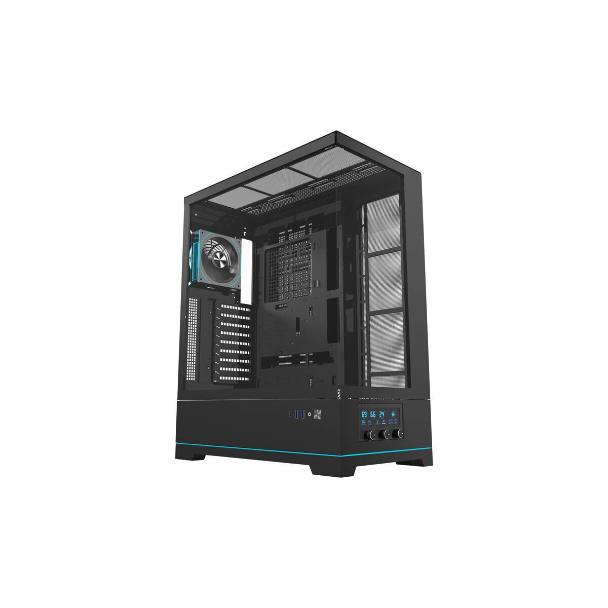 Case PC nero con ventola blu, frontale in vetro e display digitale.