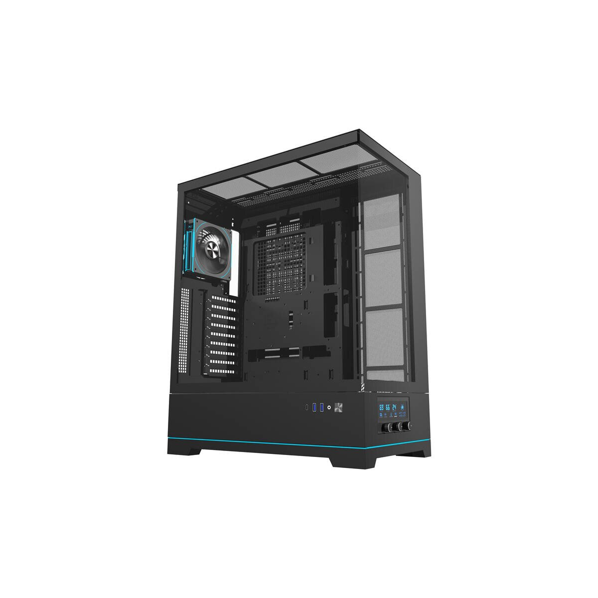 Case per computer nero con ventola blu e accenti blu su sfondo bianco.