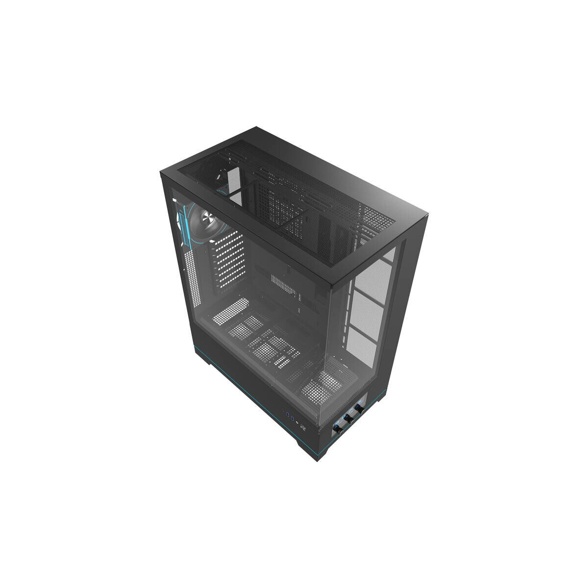 Un case per PC nero con finestre in vetro e accenti blu.