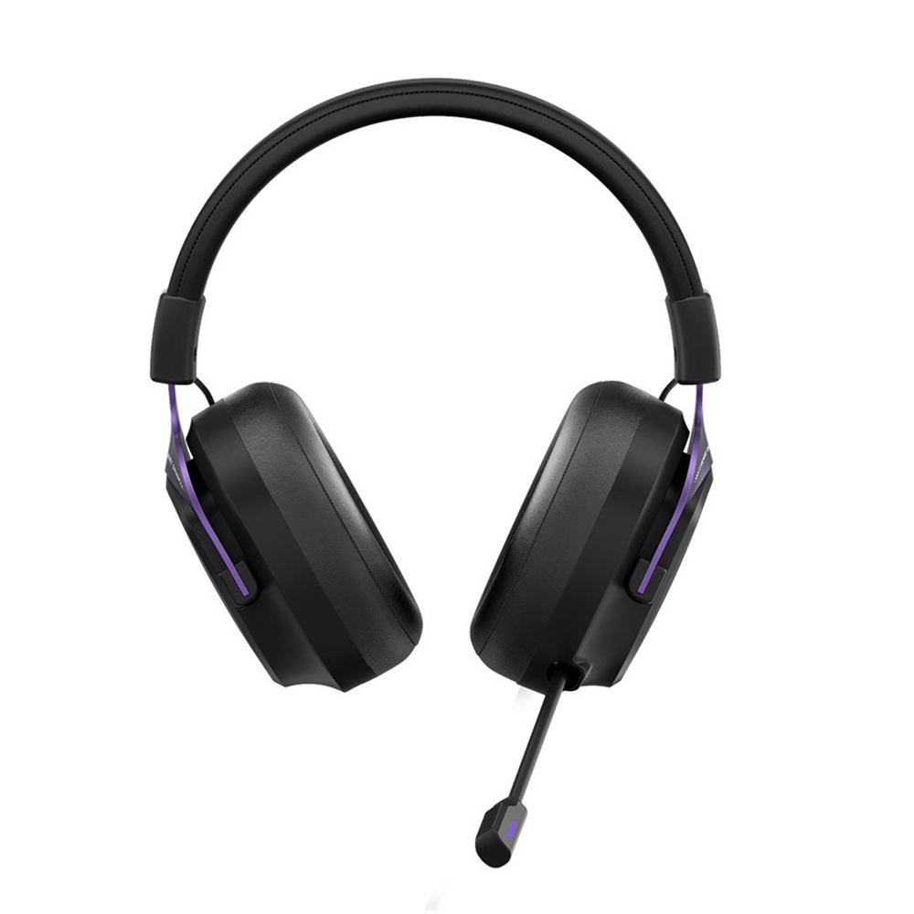 Schwarze Over-Ear-Kopfhörer mit violetten Akzenten und abnehmbarem Mikrofon.