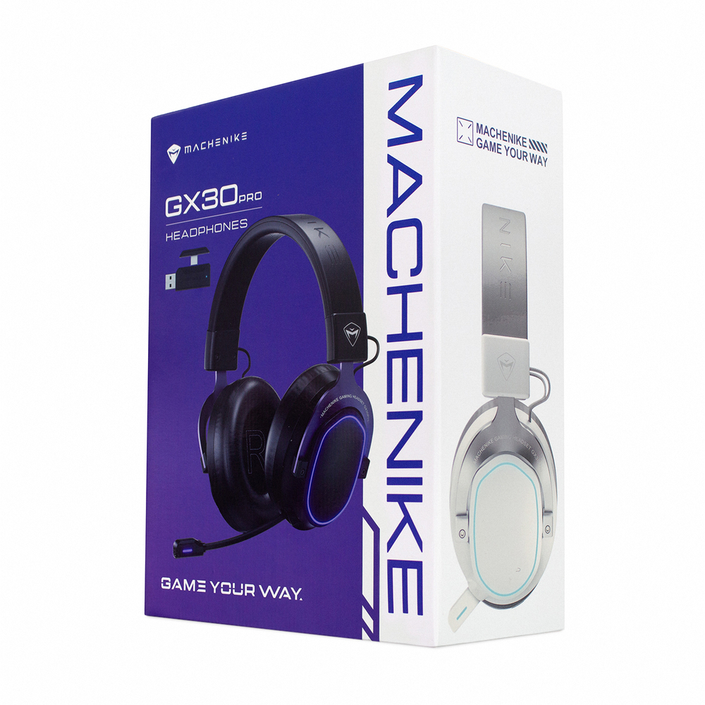 Verpackung von MACHNIK GX30PRO Kopfhörern mit Mikrofon und blauem Leuchten.