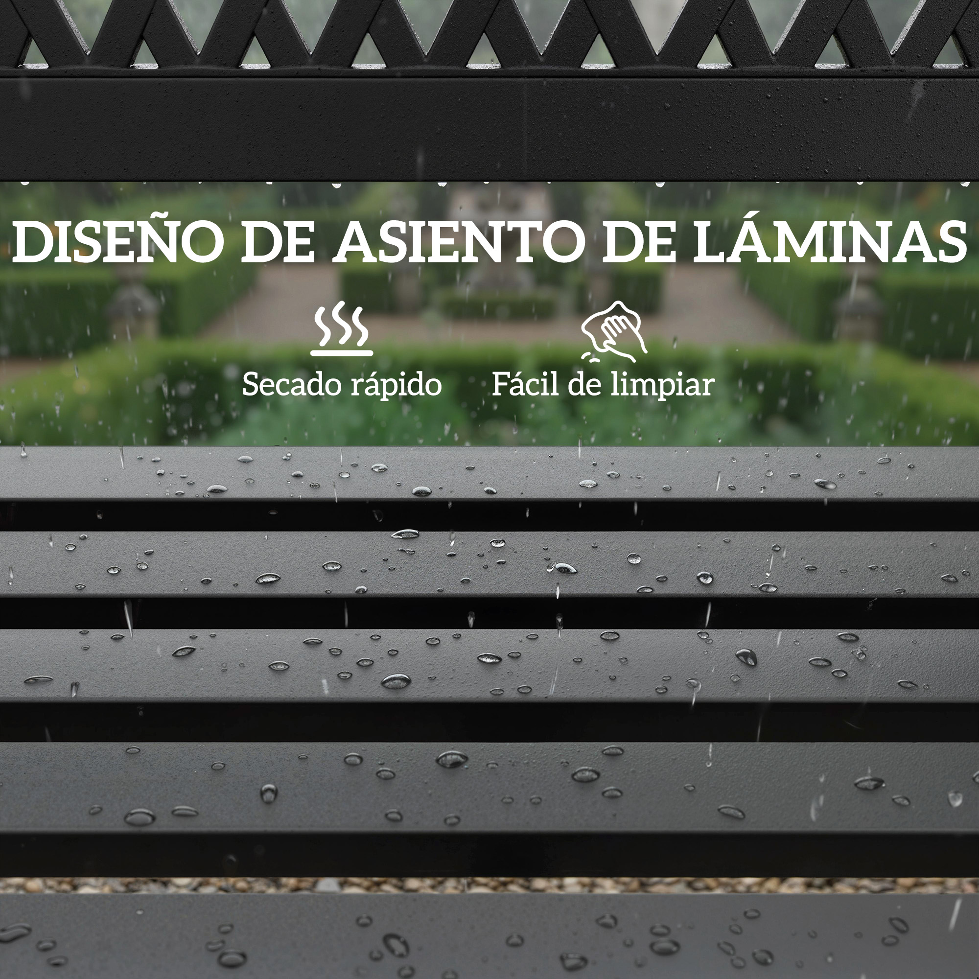 Banco de lamas negro con gotas de lluvia, en exterior.