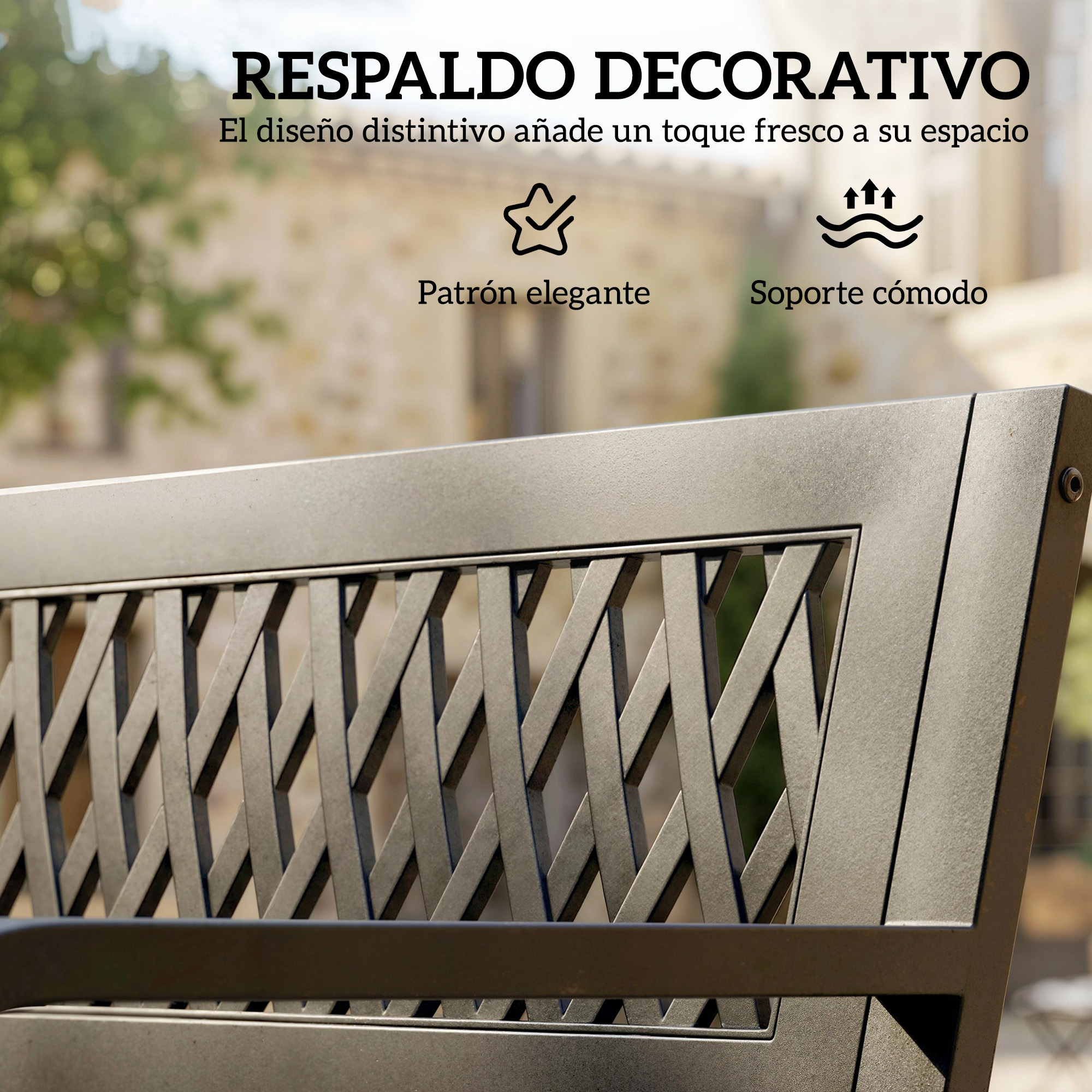 Respaldo de silla de metal gris oscuro con patrón de celosía y texto.